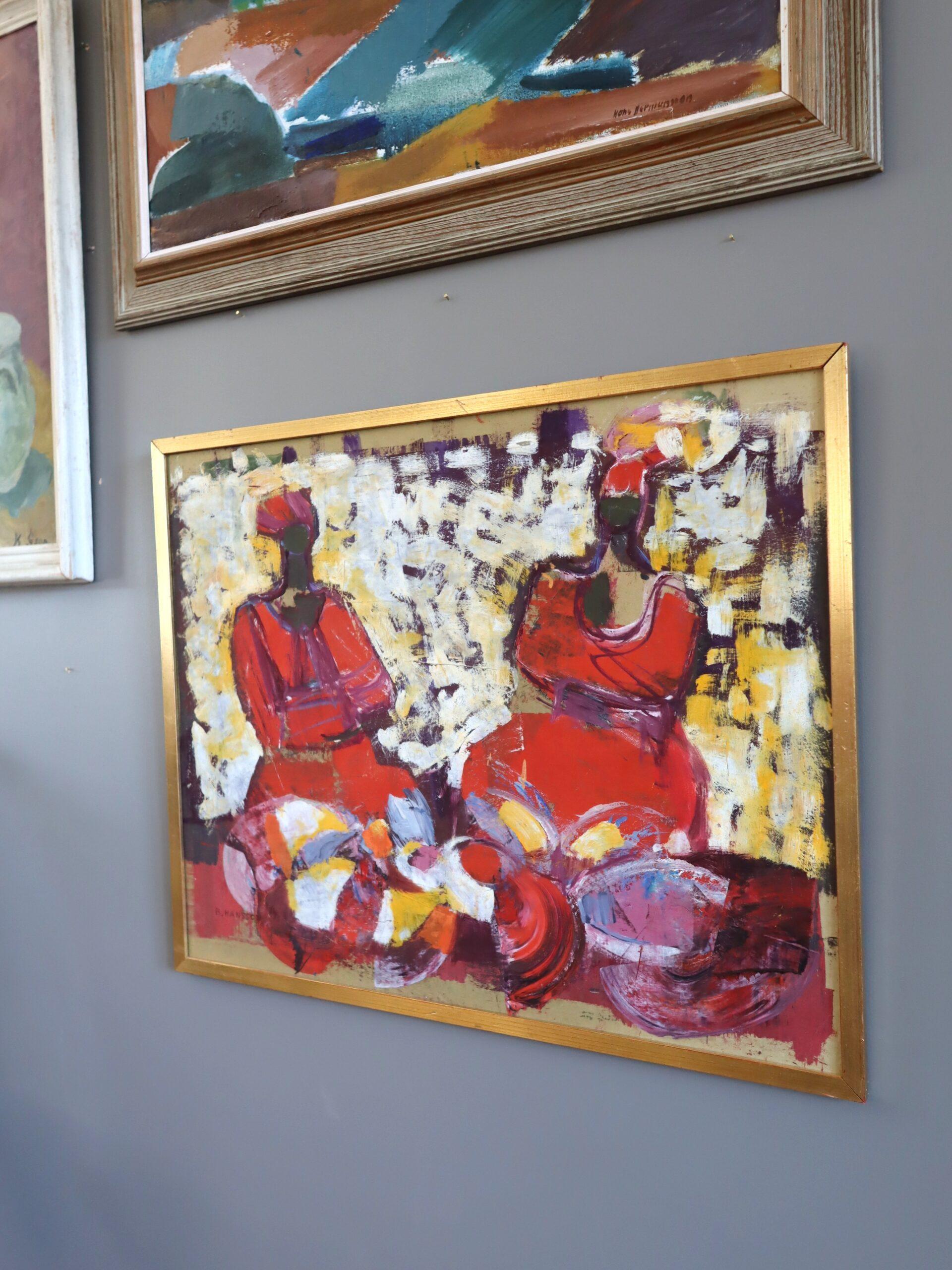 Pintura al óleo figurativa vintage de mediados del siglo XX - Conversación carmesí en venta 1