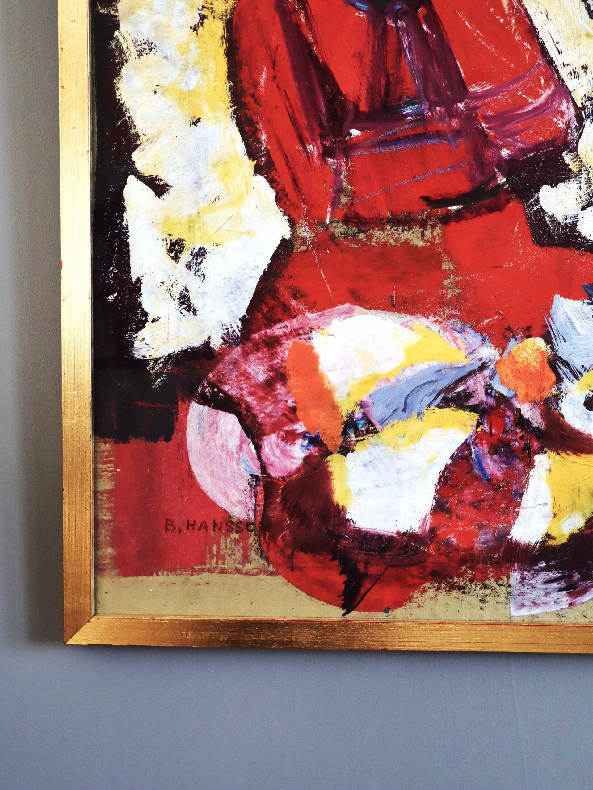 Pintura al óleo figurativa vintage de mediados del siglo XX - Conversación carmesí en venta 2