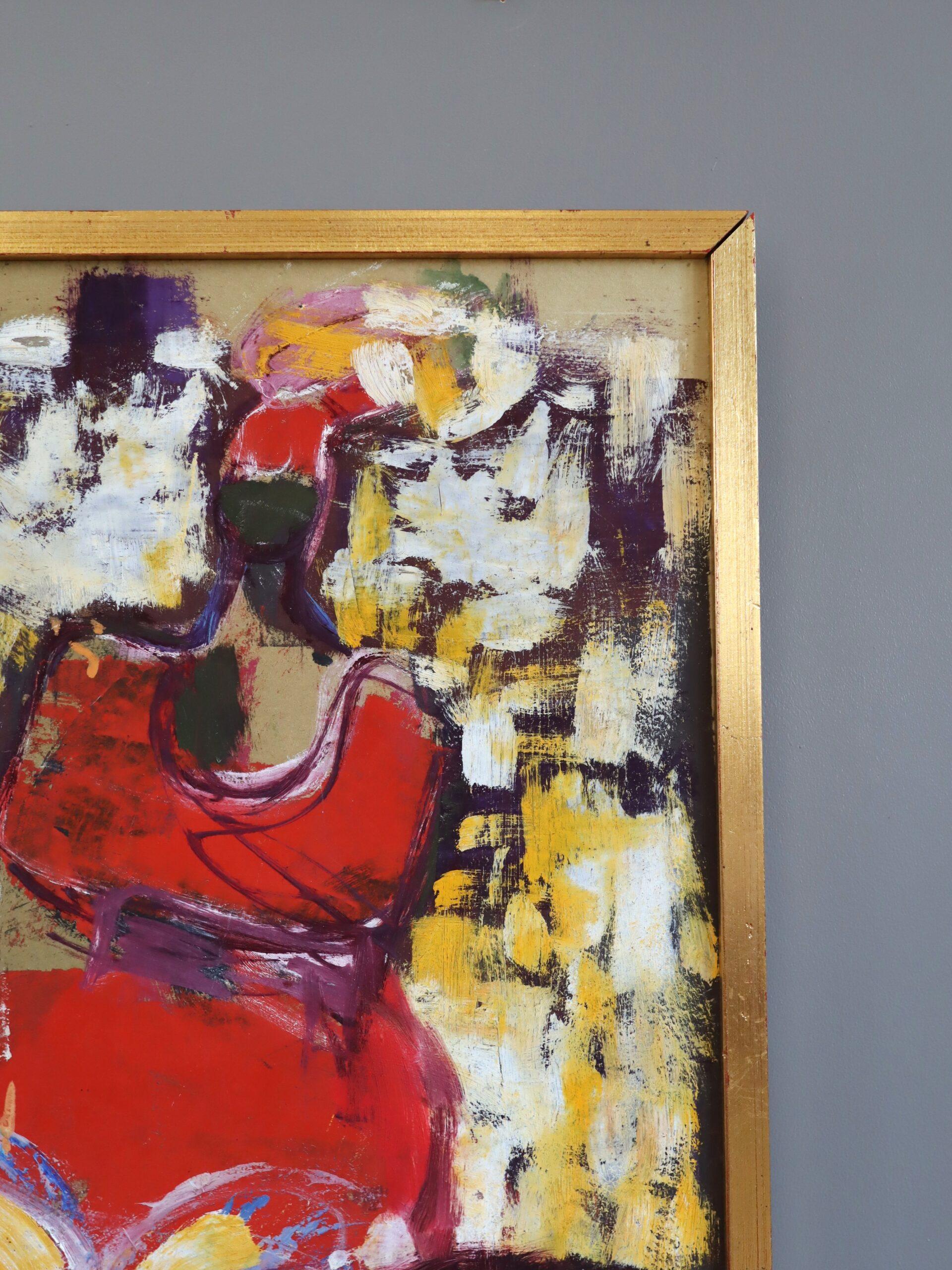 Pintura al óleo figurativa vintage de mediados del siglo XX - Conversación carmesí en venta 3