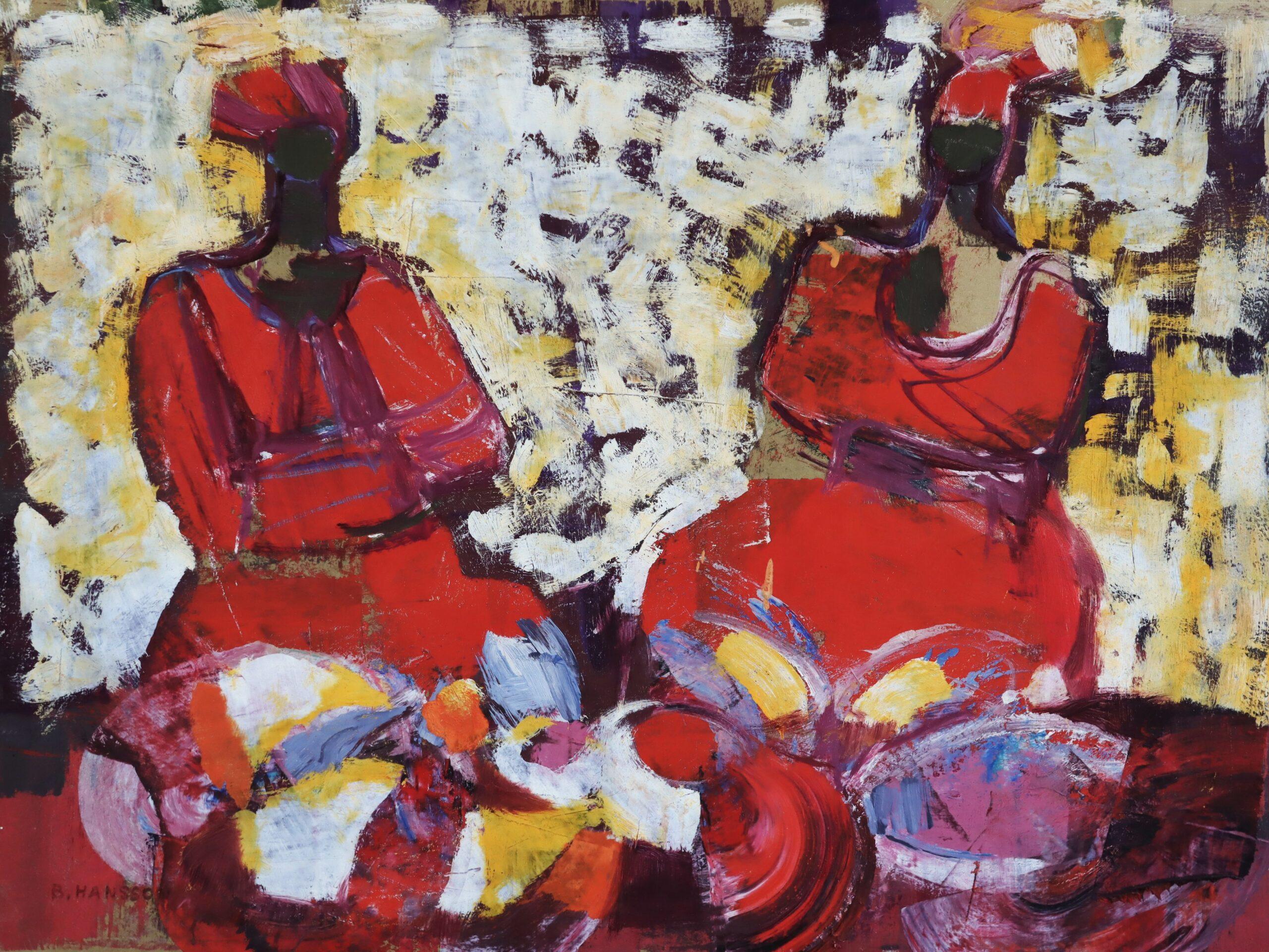Pintura al óleo figurativa vintage de mediados del siglo XX - Conversación carmesí en venta 4