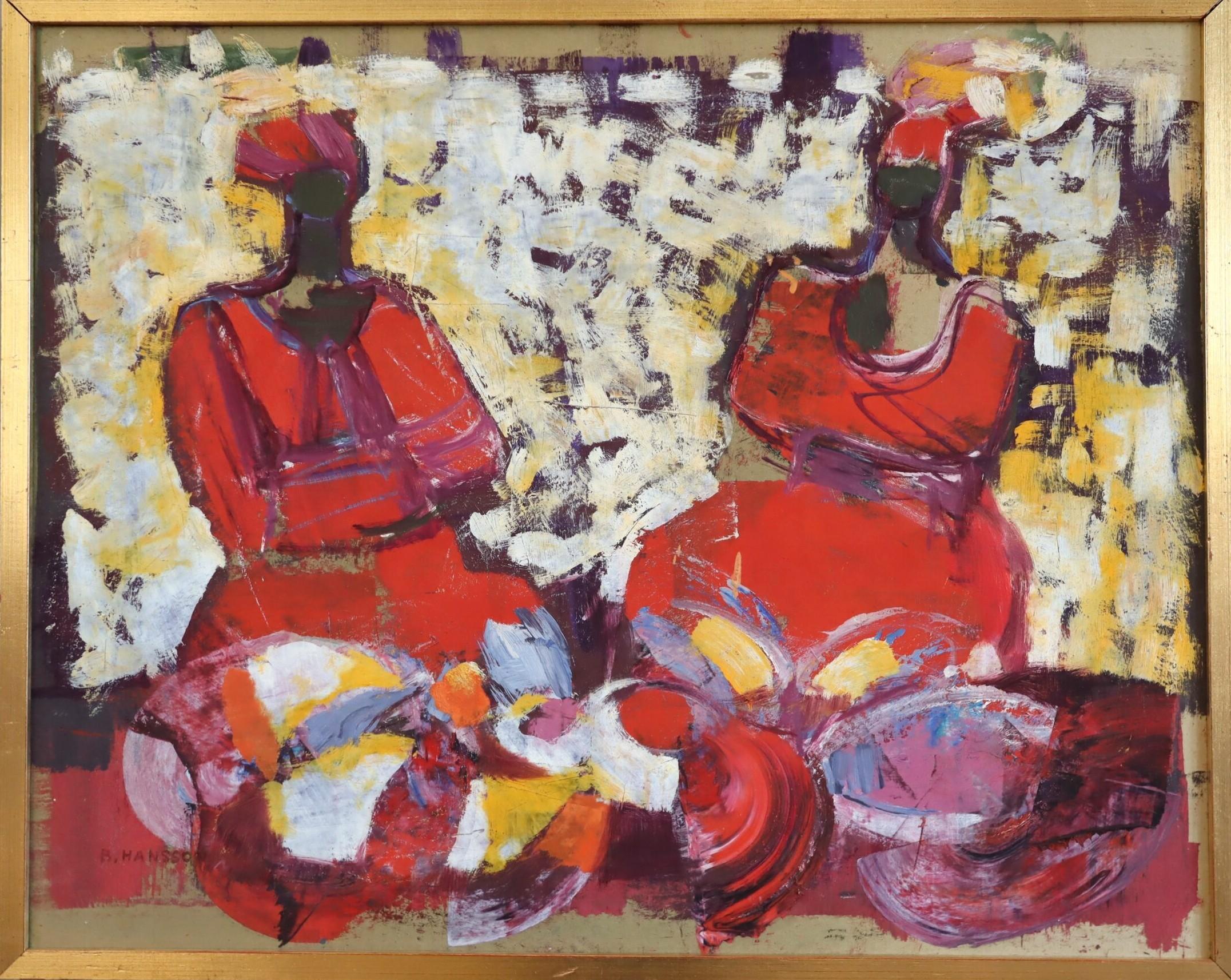 Peinture à l'huile figurative moderne du milieu du siècle dernier - Conversation Crimson