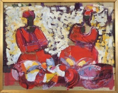 Peinture à l'huile figurative moderne du milieu du siècle dernier - Conversation Crimson