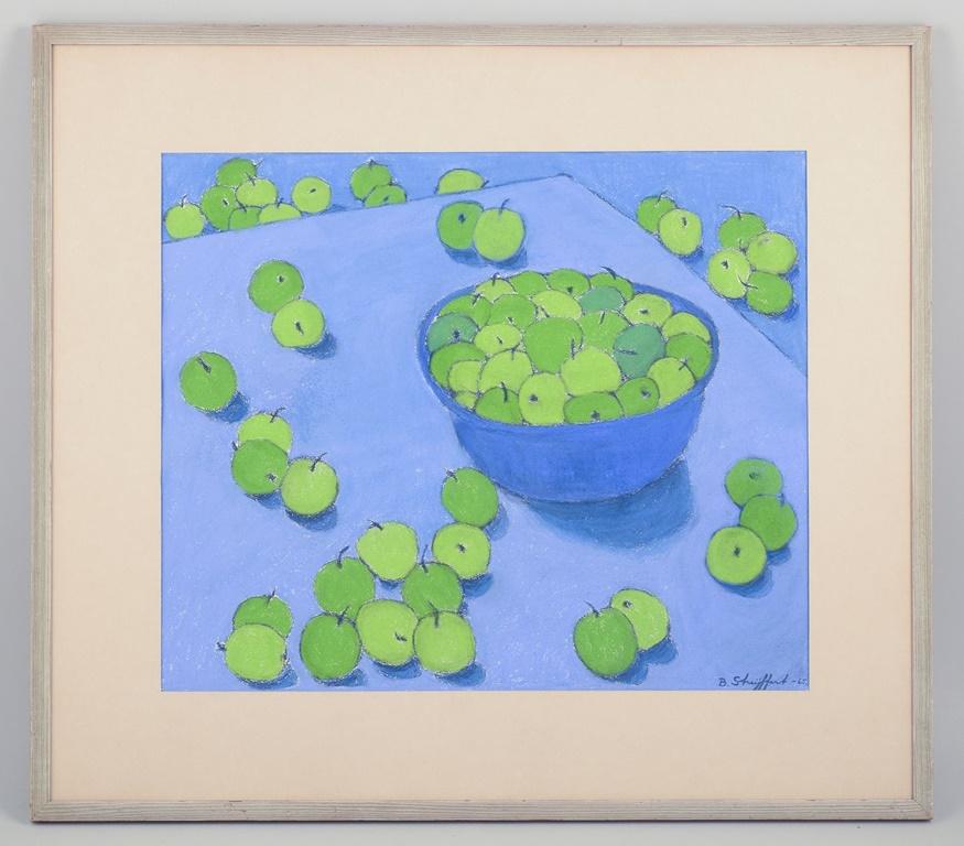 Pre-owned goods are exempt from import duties for U.S. customers. 
Therefore, no import tariffs will be applicable to your purchase.

Brita Streijffert (1917-2006), Swedish artist.
Oil pastel on paper.
Fruits in a bowl on a table.
Blue and green