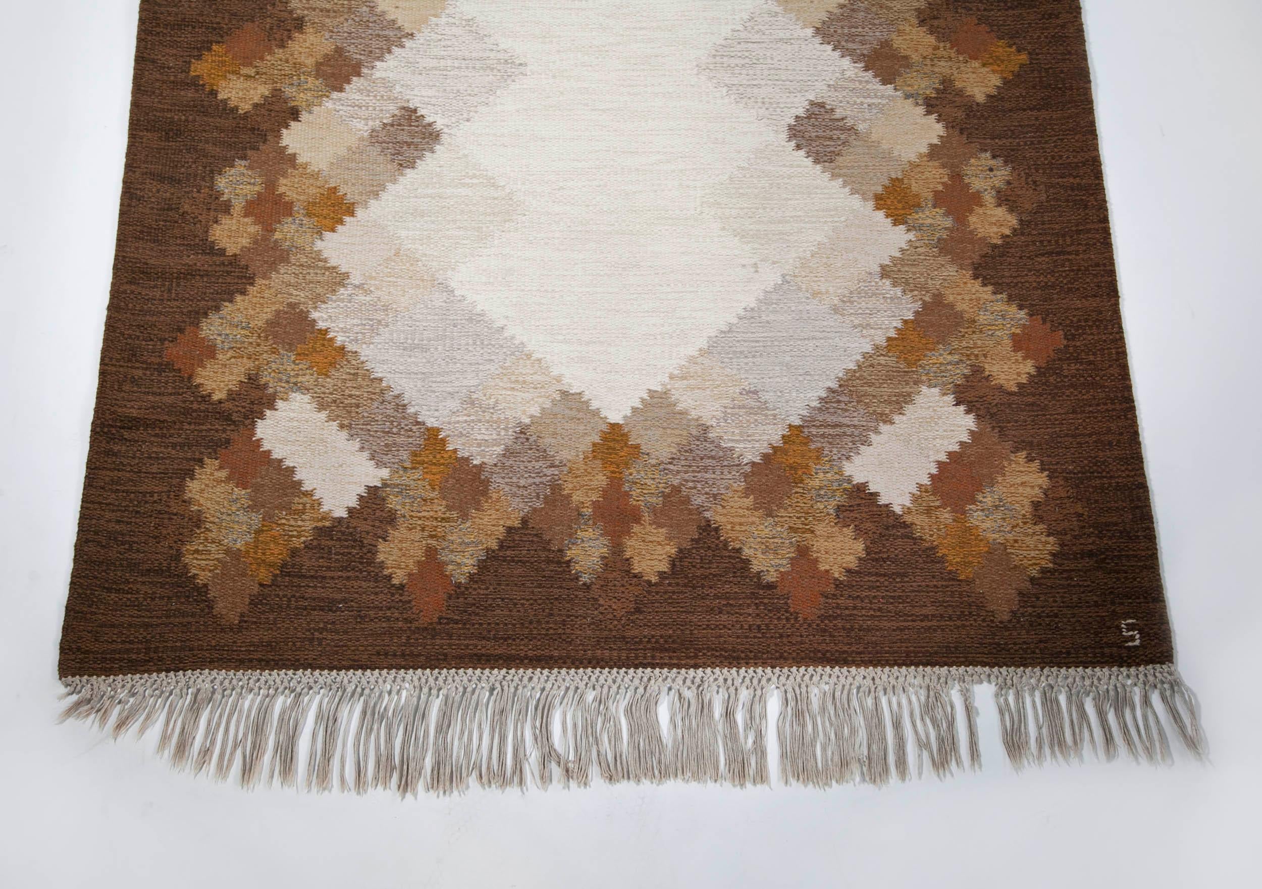 Scandinavian Modern Brita Svefors Brown and Tan Flat-Weave Rug 