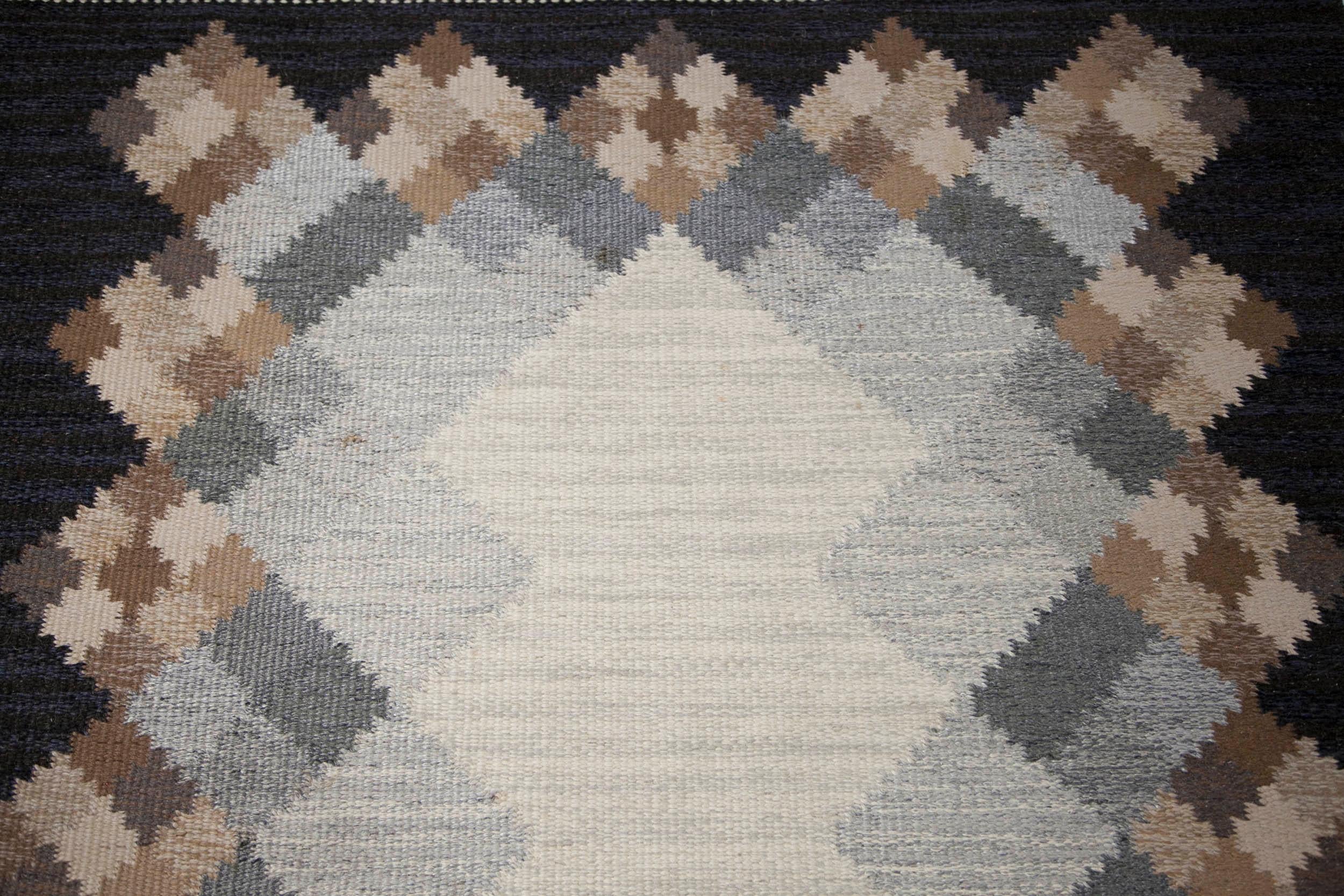 Brita Svefors Dark Blue and Brow Flat-Weave Rug 