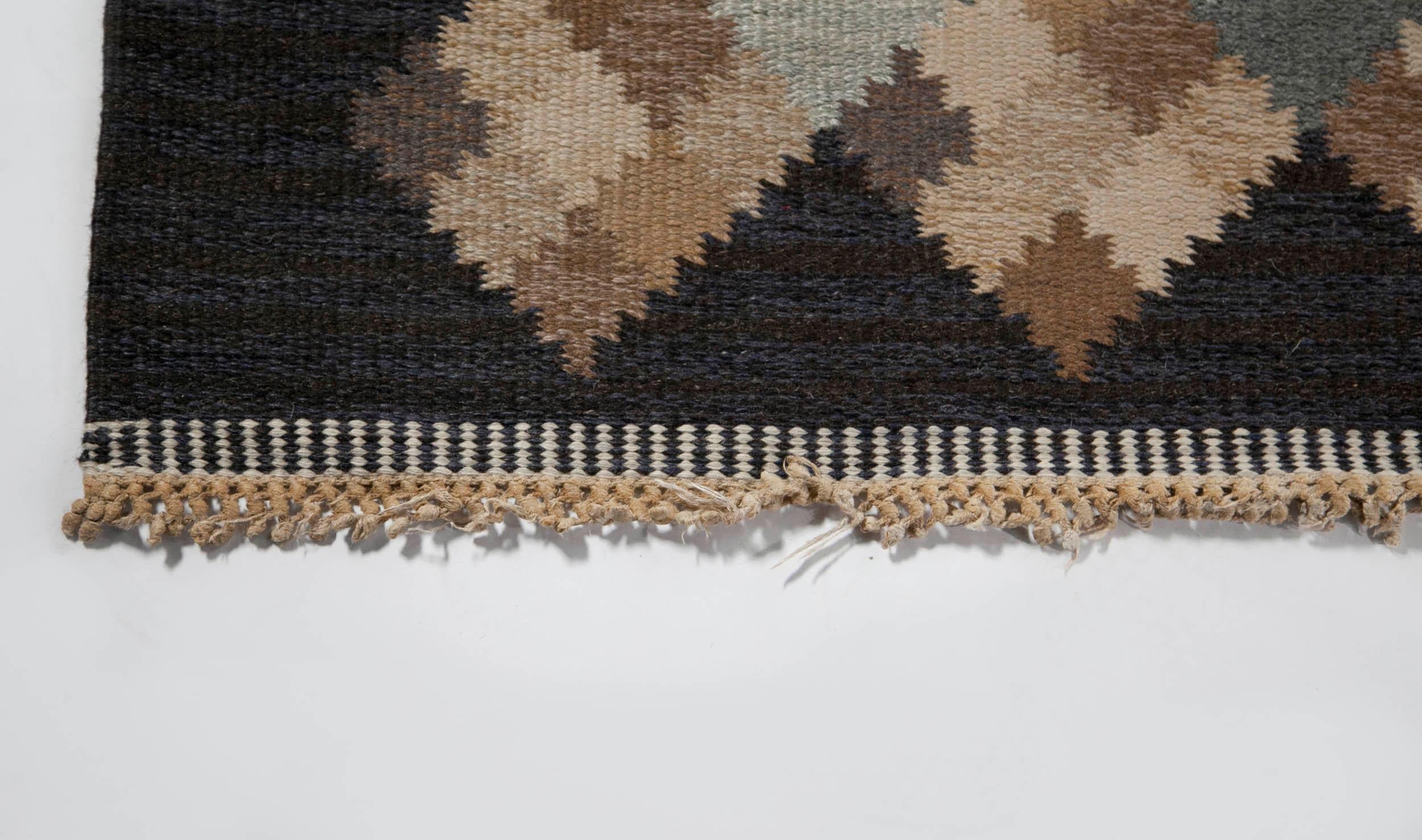 20th Century Brita Svefors Dark Blue and Brow Flat-Weave Rug 