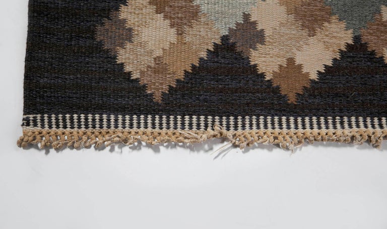 Wool Brita Svefors Dark Blue and Brow Flat-Weave Rug 