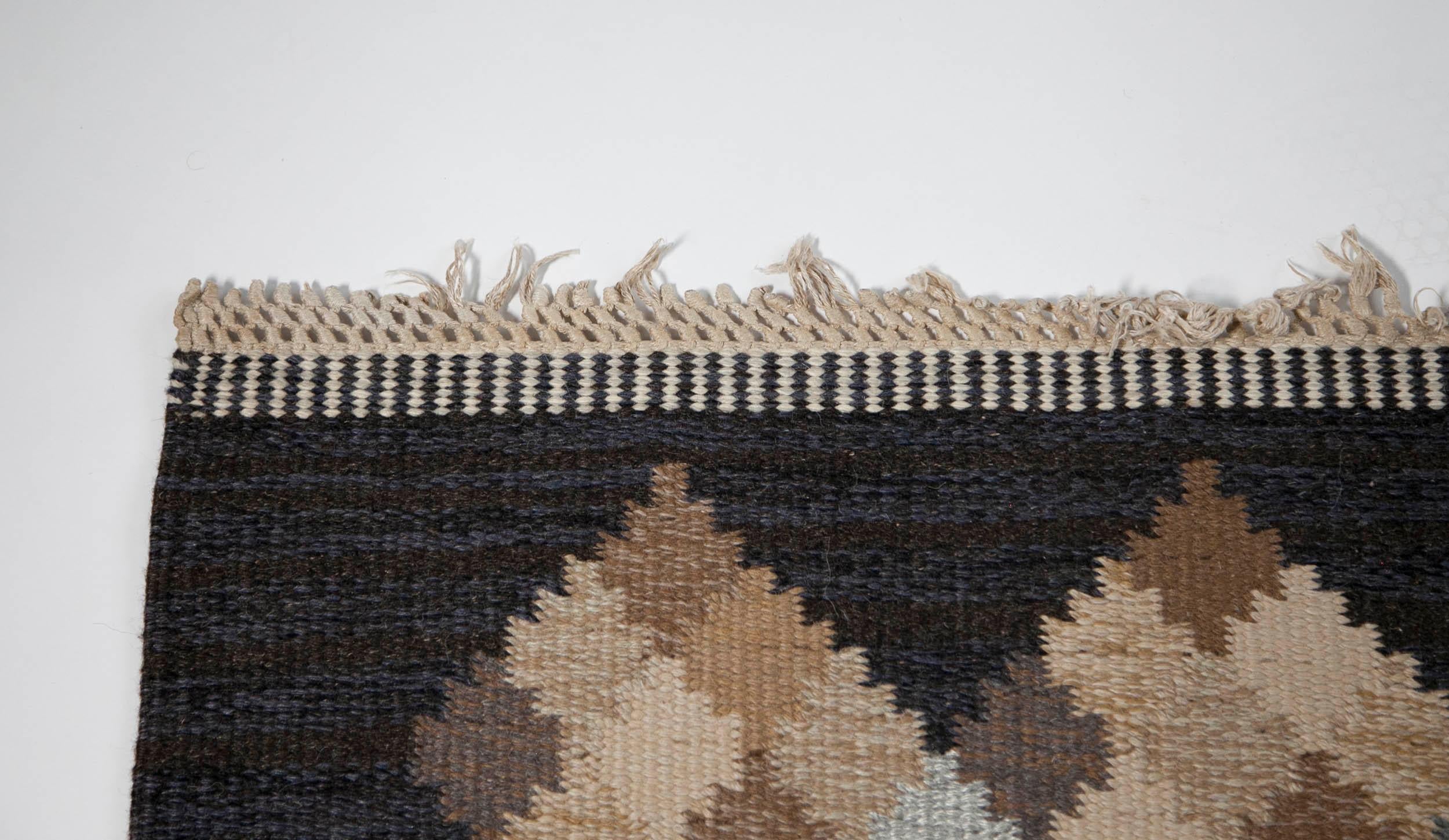 Wool Brita Svefors Dark Blue and Brow Flat-Weave Rug 