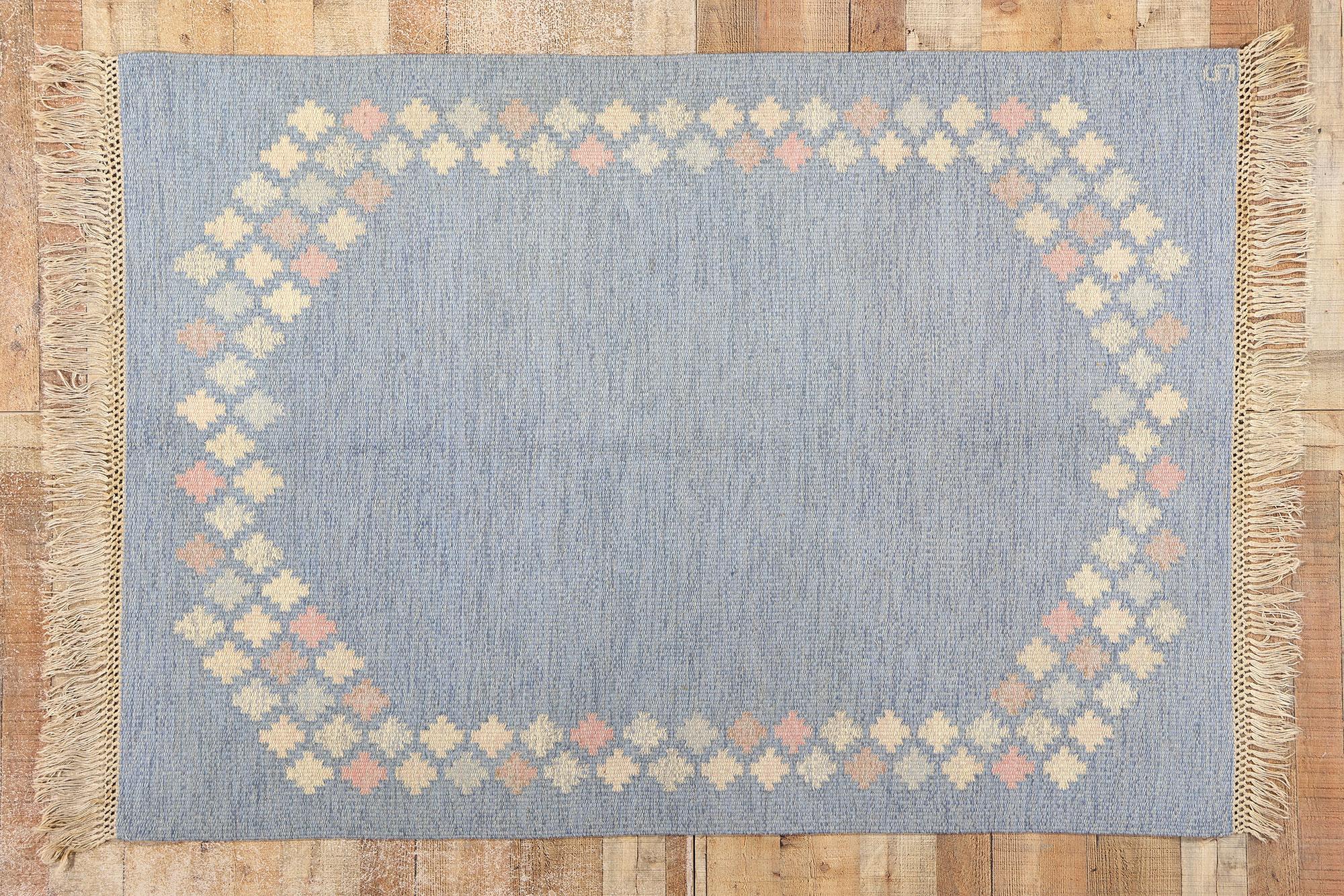 Brita Svefors Vintage Scandinavian Light Blue Swedish Röllakan Rug For Sale 6