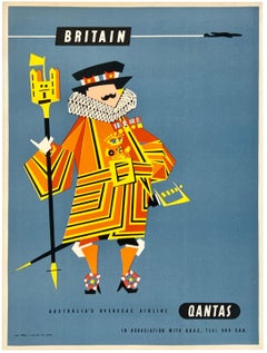 Poster originale d'epoca di QANTAS dedicato ai viaggi aerei e al turismo, MCM, 15" x 20"