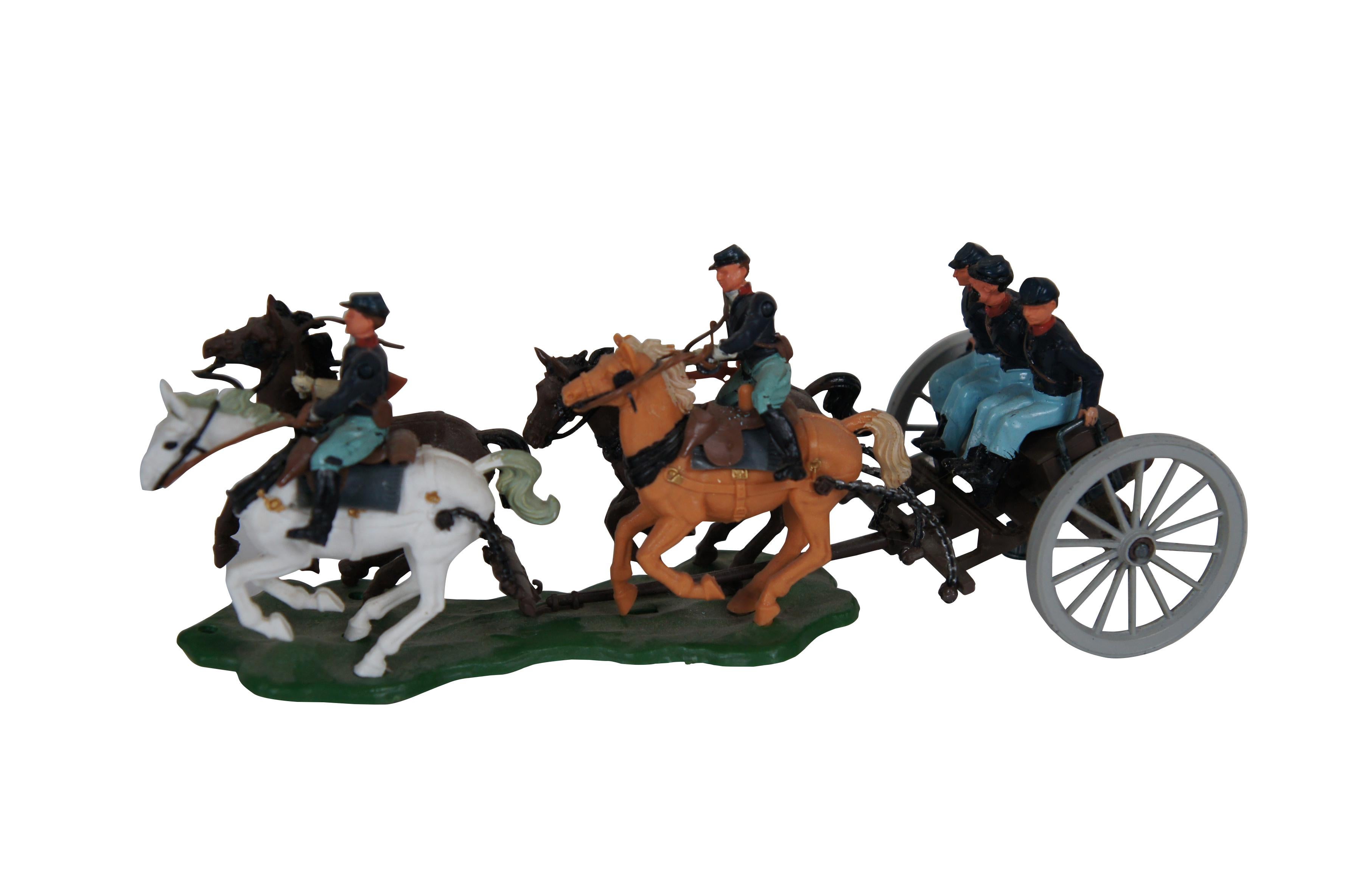 Circa 1970s set of plastic military toys by Britains Ltd, portraying Union soldiers from the American Civil War. Includes a four horse carriage with two soldiers on horseback and trio of wagon riding soldiers, gun carriage / wagon with shells in the