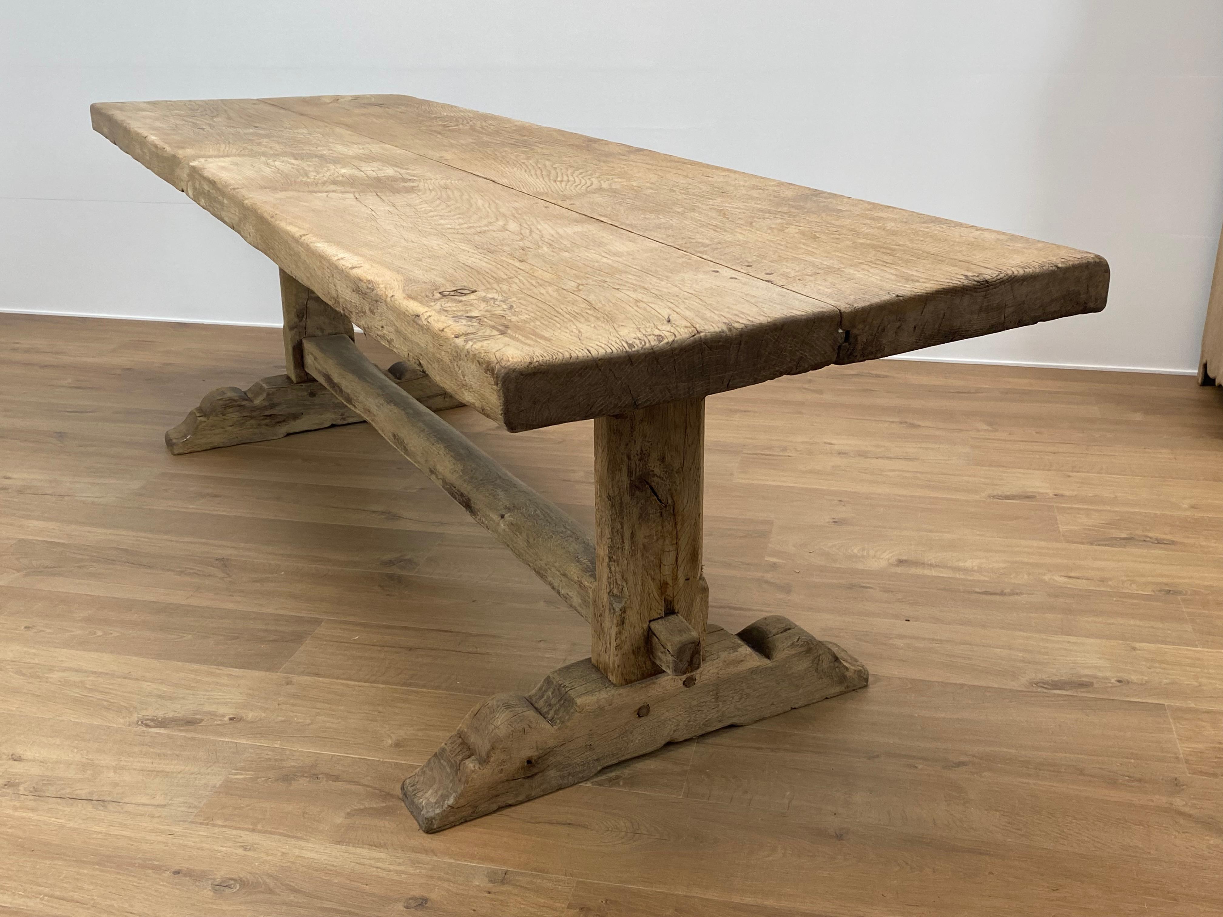 Brutalist and Rustic Antique Table from France, 1920,
beautifully bleached Oak,
good antique shine and patina,
thick table top of 7 cm,
can be used as a dining table or as a center table as well as a desk
