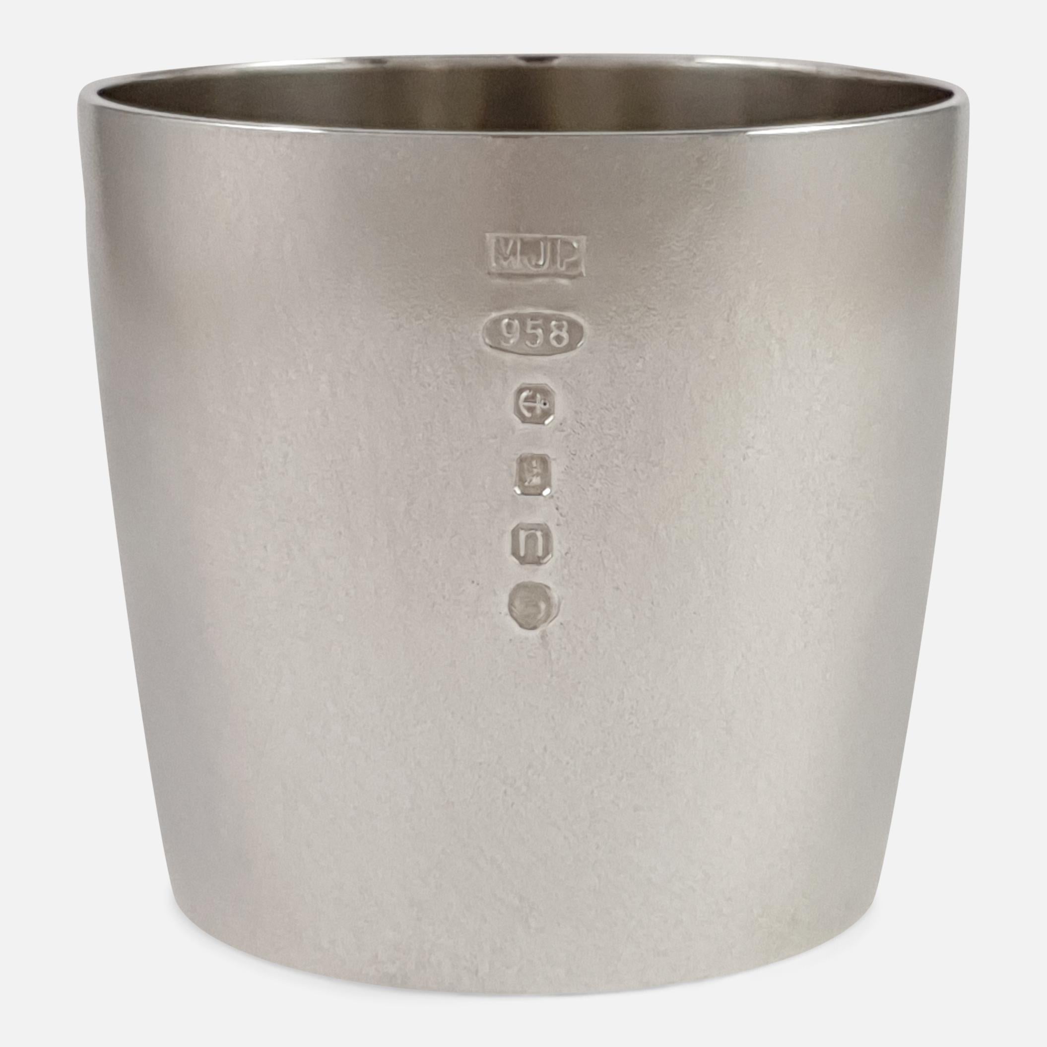 A Britannia silver 'Arc' beaker cup made by Martyn Pugh. The beaker is of tapering cylindrical form, with a matted finish. The beaker is hallmarked Birmingham, 2012, with the additional Diamond jubilee mark.

Assay: - .958 Britannia