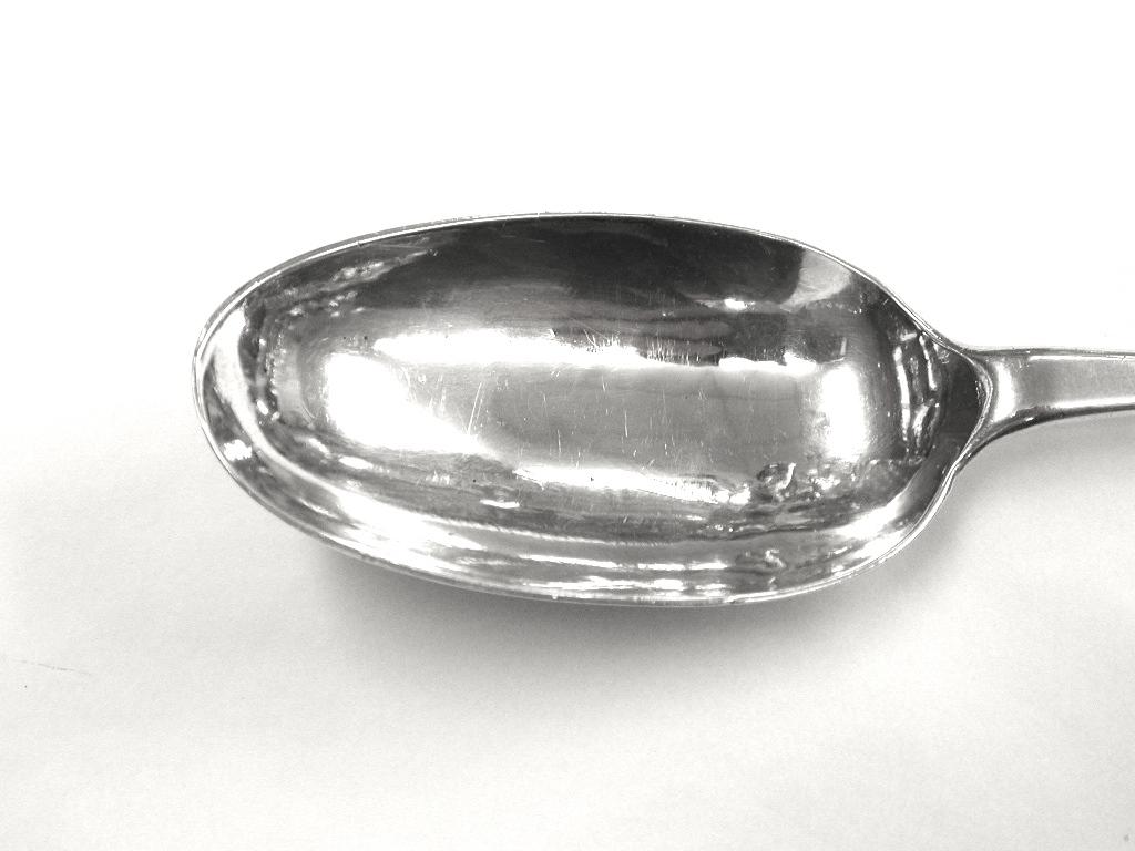 Britannia Standard Rattail silver table spoon, 1720, Hugh Arnett & Edward Pocock, London
Made in 958 standard silver, and probably a marriage spoon, with 2 lots of initials.
Brittania silver was introduced in 1697 to stop silversmiths clipping