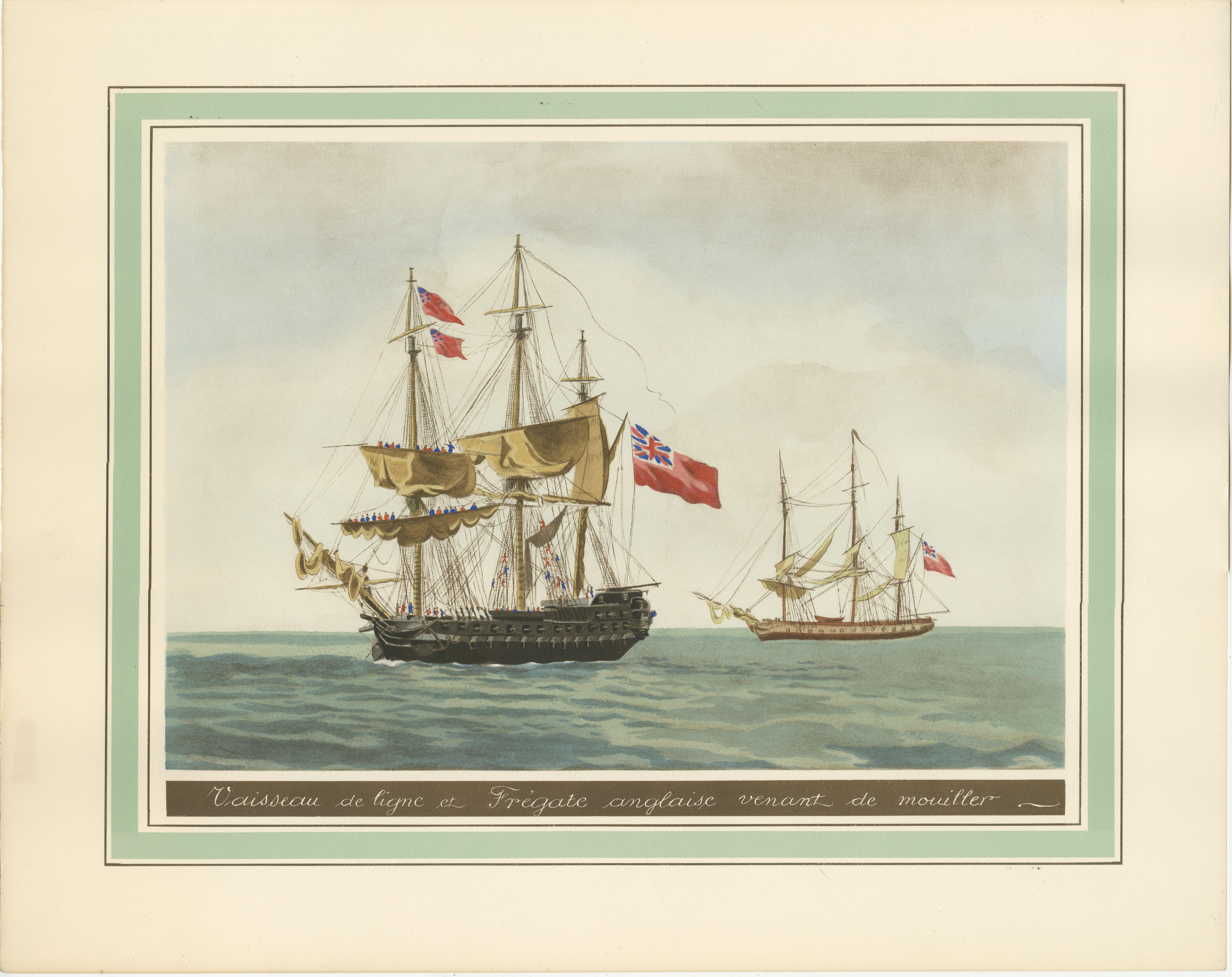 Das Bild auf diesem antiken Originaldruck zeigt zwei Marineschiffe, wobei das vorderste ein größeres Linienschiff ist, das mit einer Vielzahl von Segeln und Flaggen geschmückt ist, darunter offenbar auch der Union Jack des Vereinigten Königreichs.