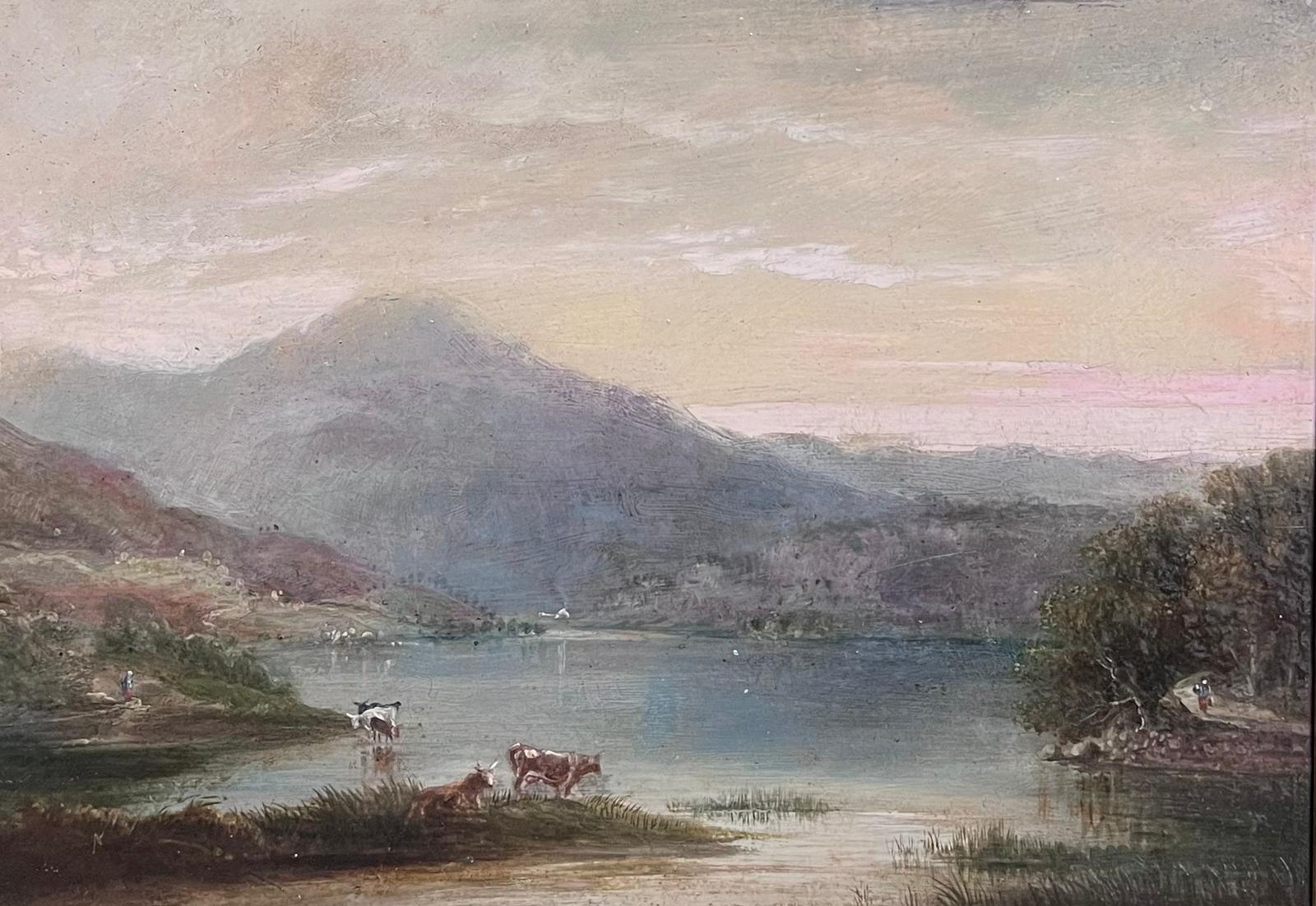 Schottische Highlands Loch-Szene, Rinder, Weinreben, Dämmerung, atmosphärisches Licht, 19. Jahrhundert, Öl – Painting von British 1860's