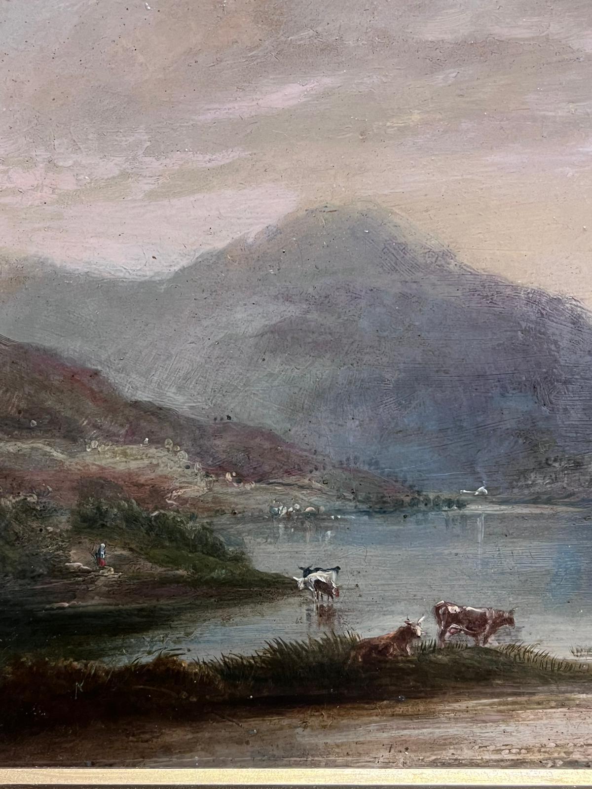 Schottische Highlands Loch-Szene, Rinder, Weinreben, Dämmerung, atmosphärisches Licht, 19. Jahrhundert, Öl im Angebot 1