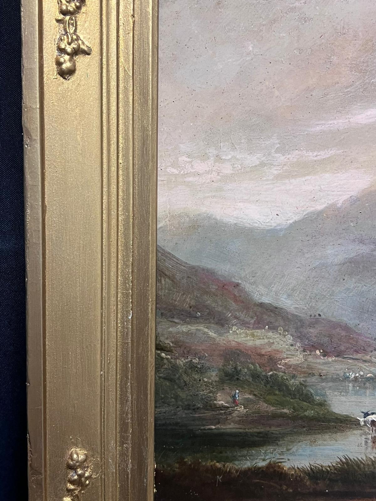 Schottische Highlands Loch-Szene, Rinder, Weinreben, Dämmerung, atmosphärisches Licht, 19. Jahrhundert, Öl im Angebot 3