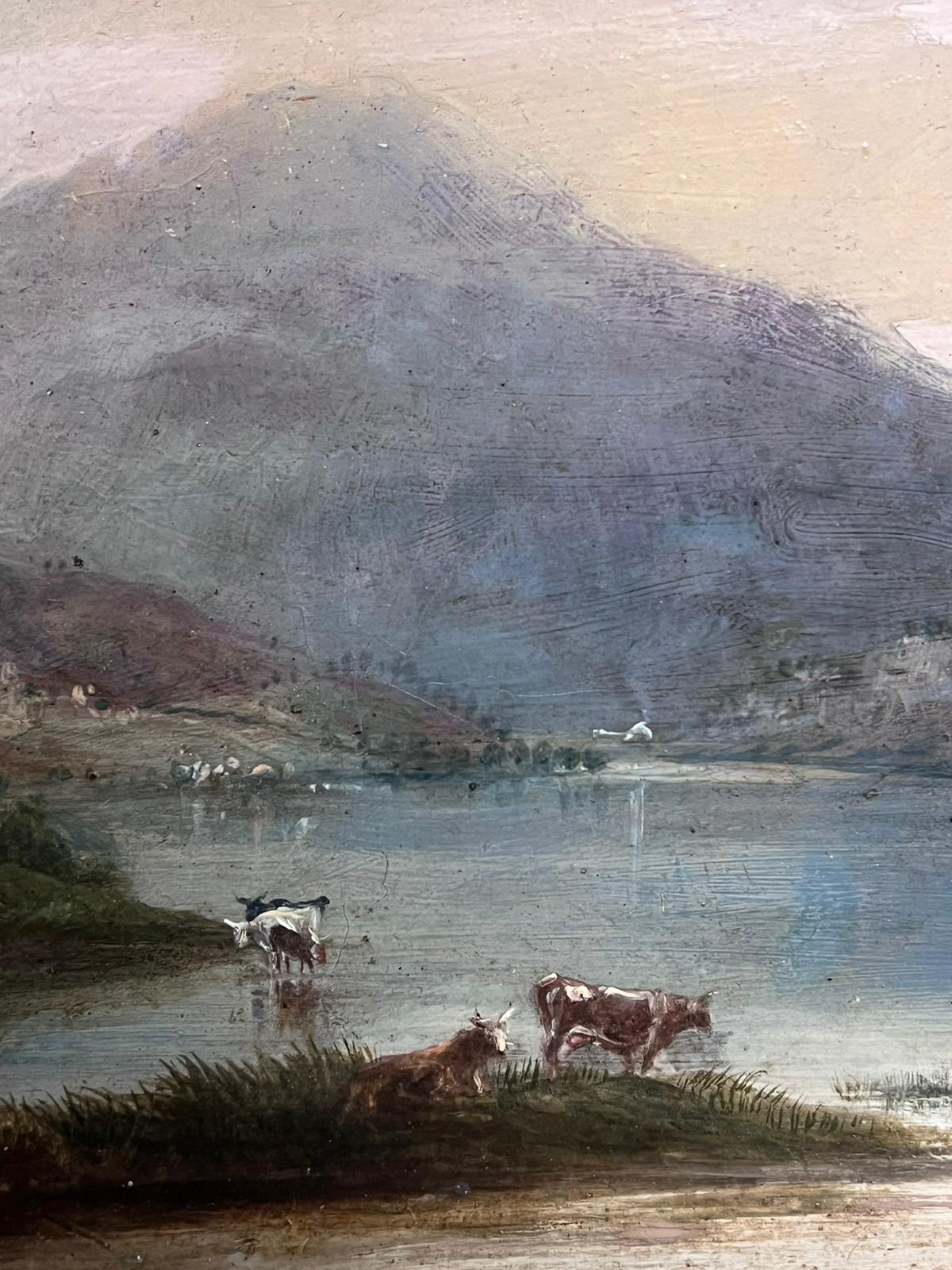 Schottische Highlands Loch-Szene, Rinder, Weinreben, Dämmerung, atmosphärisches Licht, 19. Jahrhundert, Öl im Angebot 4