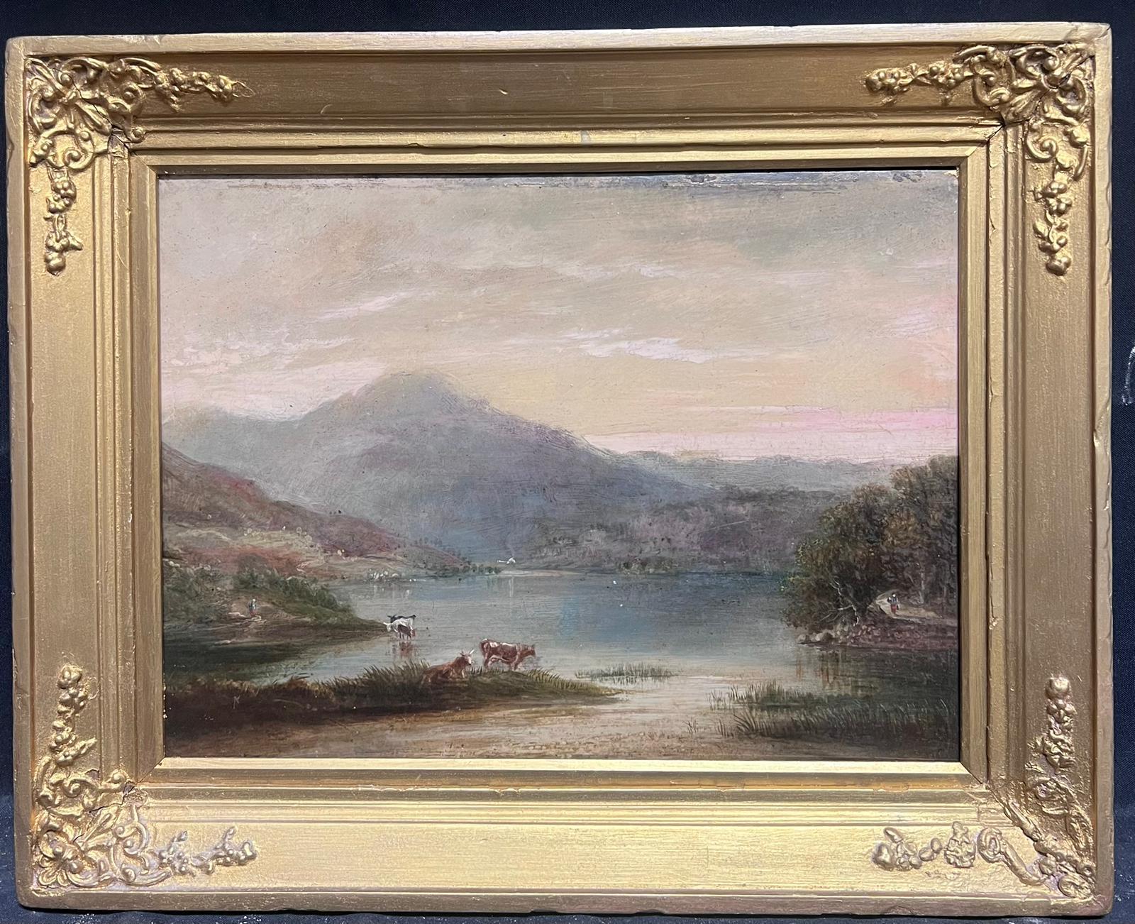British 1860's Landscape Painting – Schottische Highlands Loch-Szene, Rinder, Weinreben, Dämmerung, atmosphärisches Licht, 19. Jahrhundert, Öl