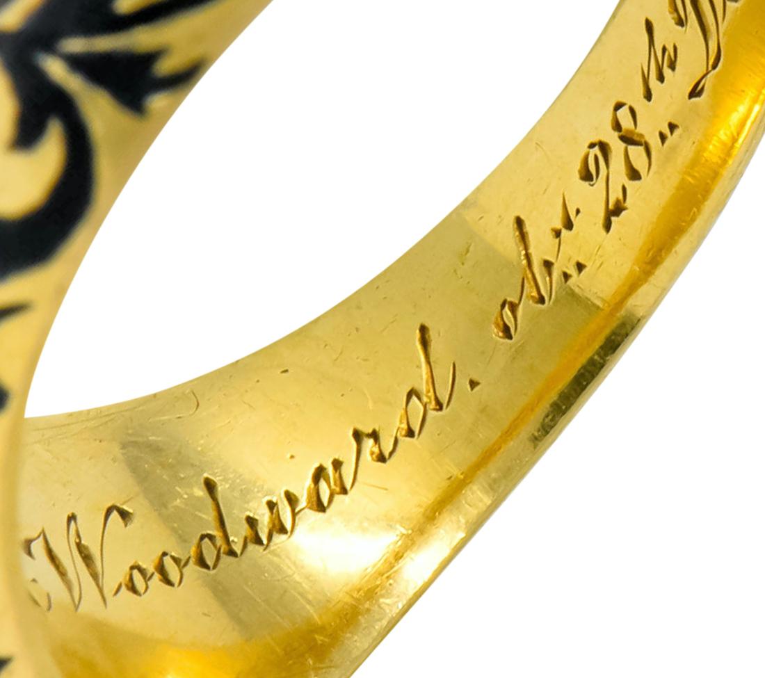 British 1882 Victorian Diamond Onyx Enamel 18 Karat Gold Flower Mourning Ring 5