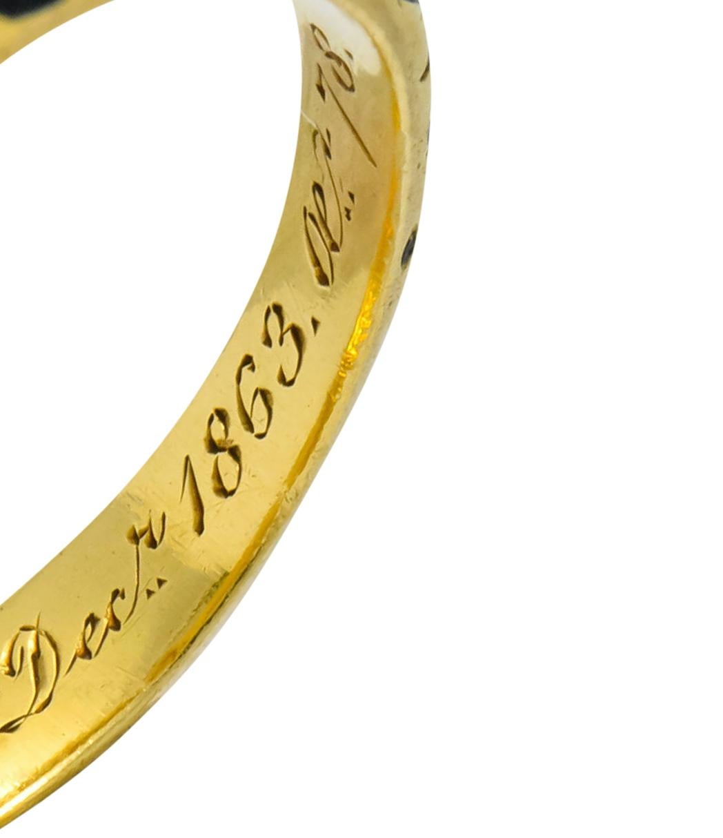 British 1882 Victorian Diamond Onyx Enamel 18 Karat Gold Flower Mourning Ring 6