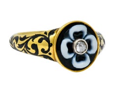 British 1882 Victorian Diamond Onyx Enamel 18 Karat Gold Flower Mourning Ring