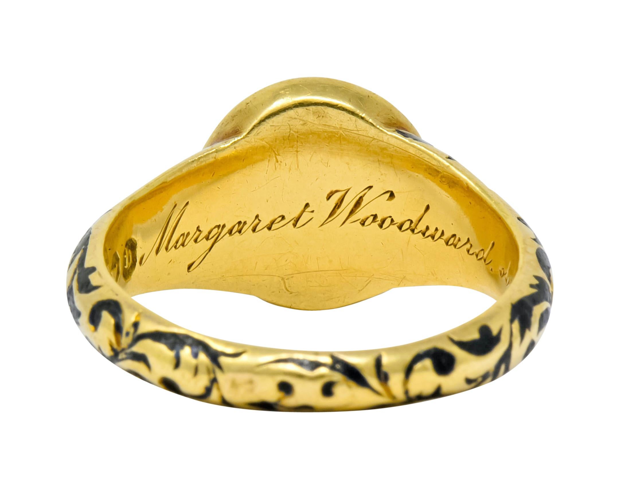 British 1882 Victorian Diamond Onyx Enamel 18 Karat Gold Flower Mourning Ring In Excellent Condition In Philadelphia, PA