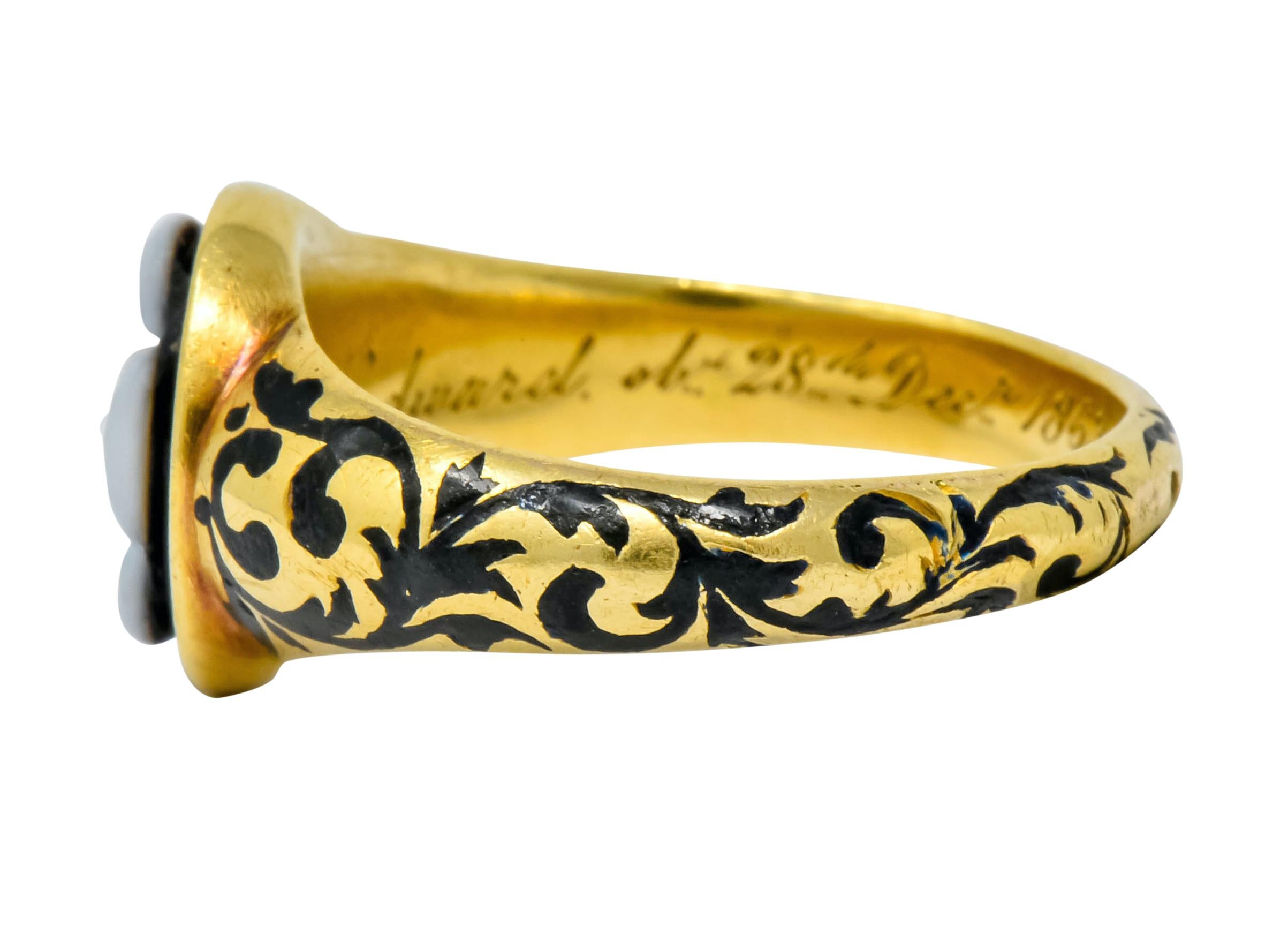 Women's or Men's British 1882 Victorian Diamond Onyx Enamel 18 Karat Gold Flower Mourning Ring