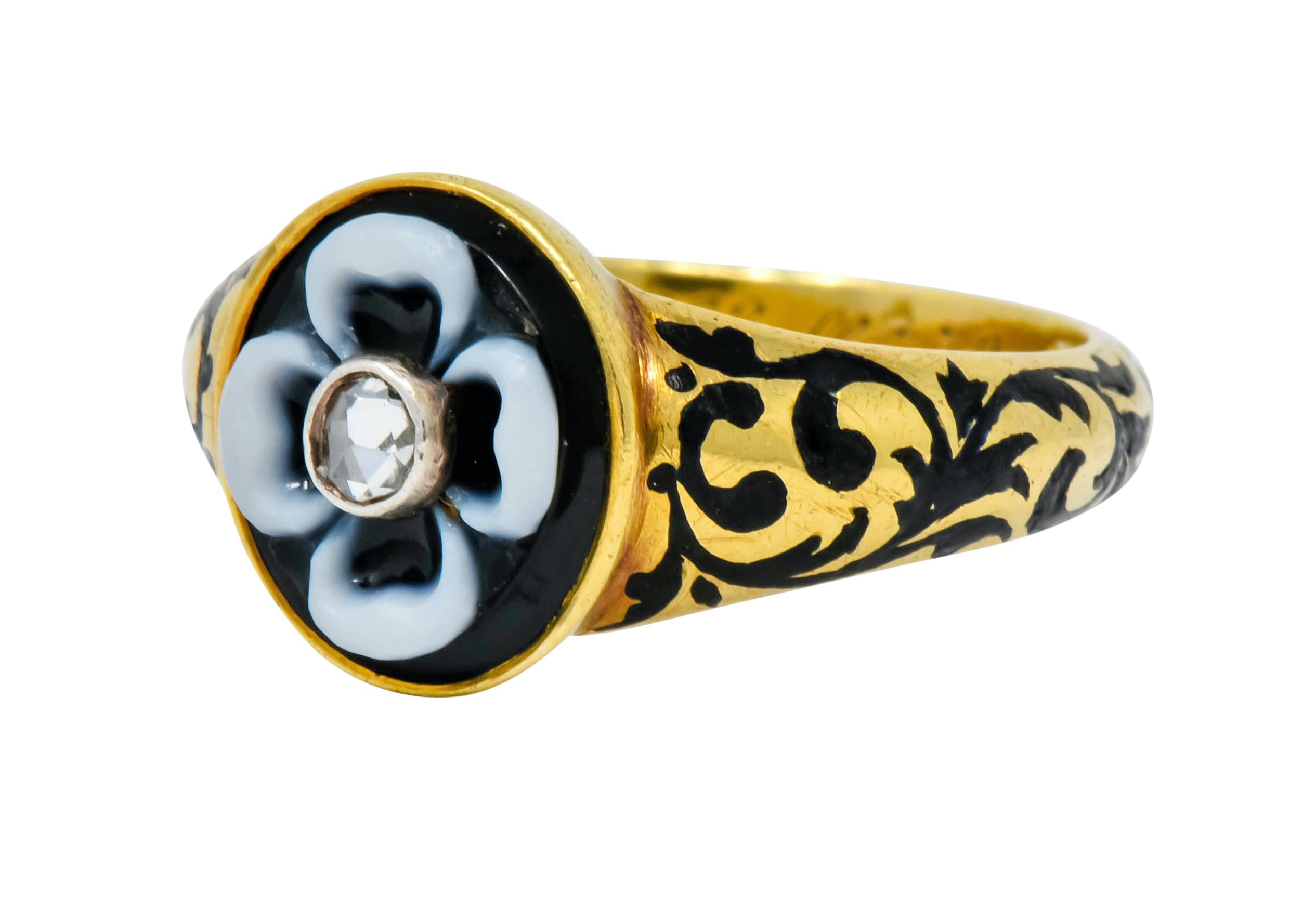 British 1882 Victorian Diamond Onyx Enamel 18 Karat Gold Flower Mourning Ring 1