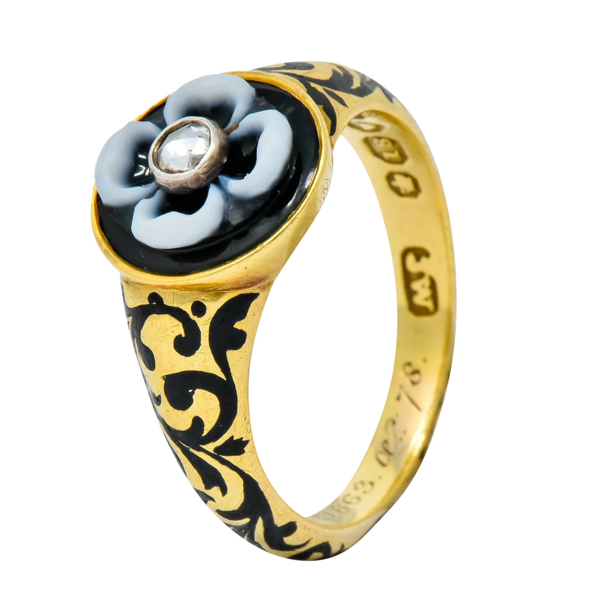 British 1882 Victorian Diamond Onyx Enamel 18 Karat Gold Flower Mourning Ring 3
