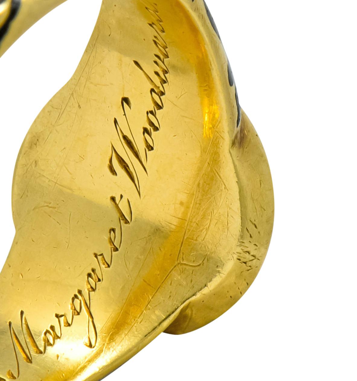 British 1882 Victorian Diamond Onyx Enamel 18 Karat Gold Flower Mourning Ring 4