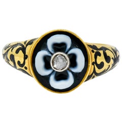 British 1882 Victorian Diamond Onyx Enamel 18 Karat Gold Flower Mourning Ring