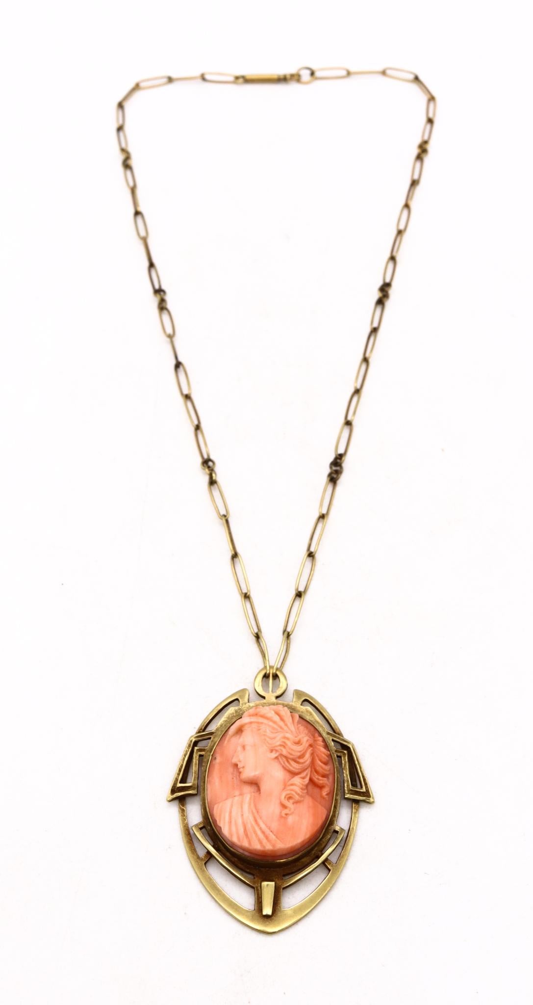 British 1890 Rare Liberty Art and Craft Geometric Necklace 18kt Gold Coral Cameo For Sale 4