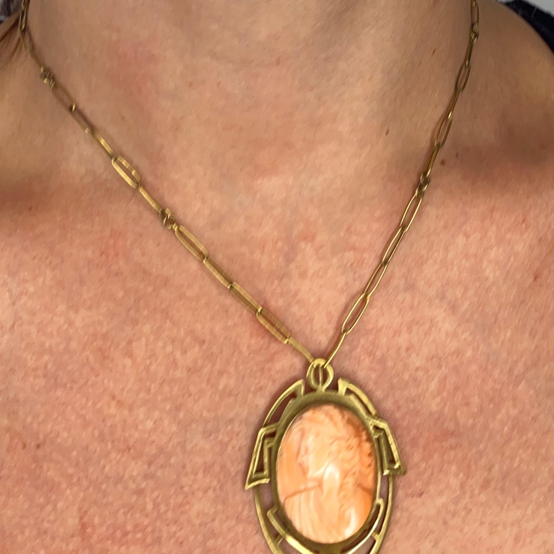 British 1890 Rare Liberty Art and Craft Geometric Necklace 18kt Gold Coral Cameo For Sale 5