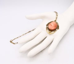 British 1890 Rare Liberty Art and Craft Geometric Necklace 18kt Gold Coral Cameo