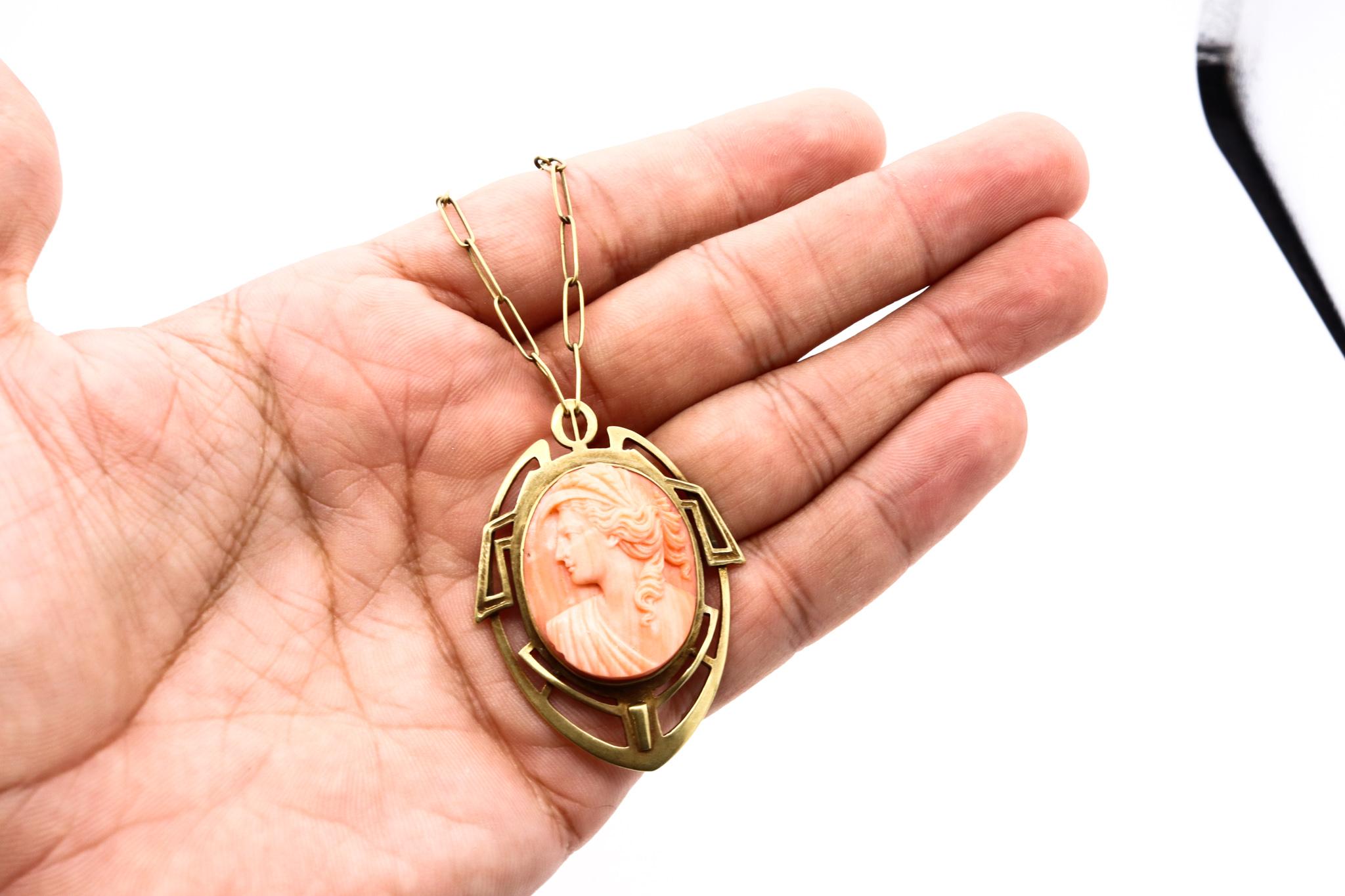 Mixed Cut British 1890 Rare Liberty Art and Craft Geometric Necklace 18kt Gold Coral Cameo For Sale