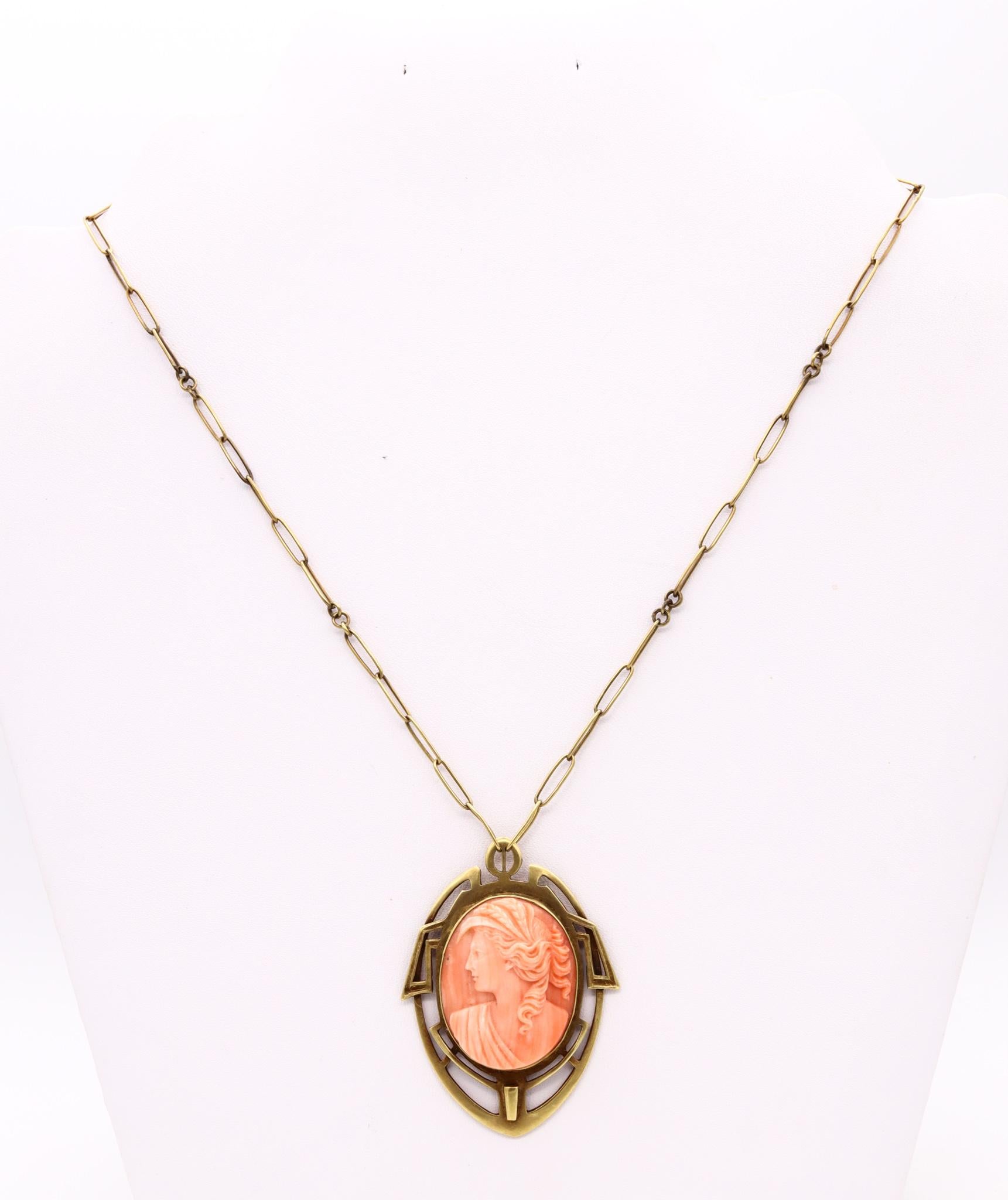 British 1890 Rare Liberty Art and Craft Geometric Necklace 18kt Gold Coral Cameo In Excellent Condition For Sale In Miami, FL