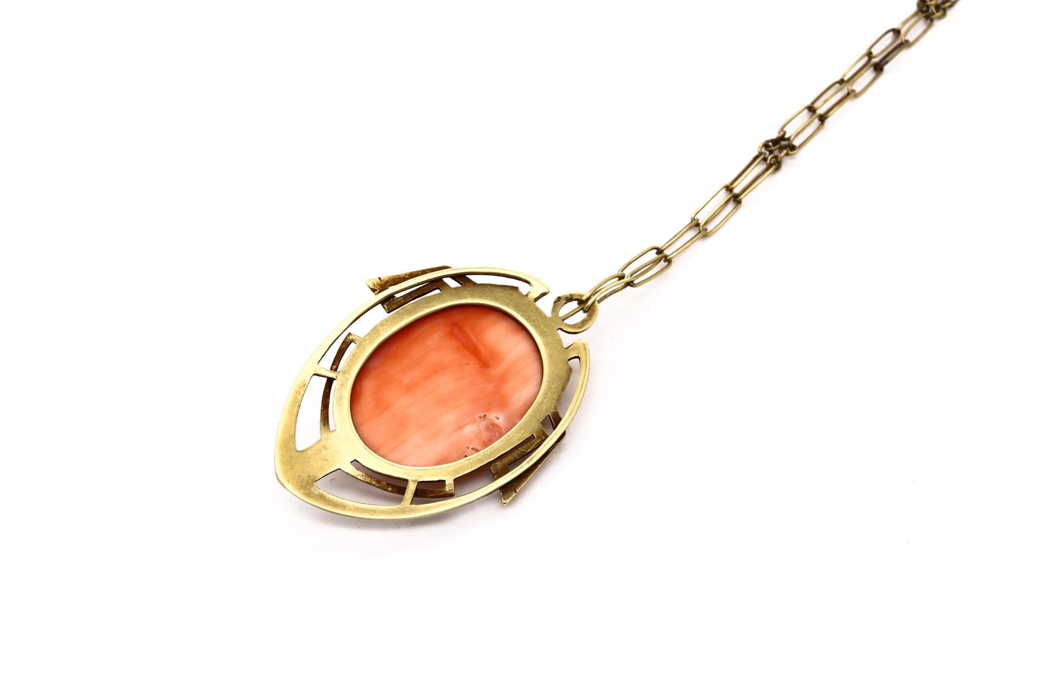 Women's British 1890 Rare Liberty Art and Craft Geometric Necklace 18kt Gold Coral Cameo For Sale