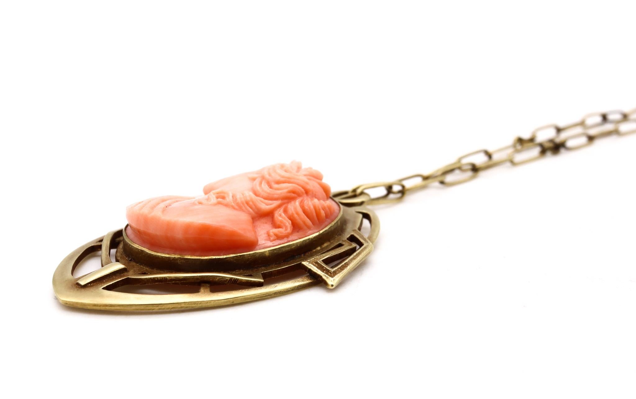 British 1890 Rare Liberty Art and Craft Geometric Necklace 18kt Gold Coral Cameo For Sale 2