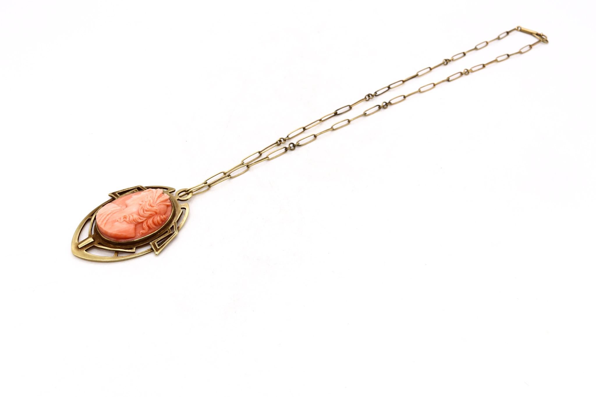 British 1890 Rare Liberty Art and Craft Geometric Necklace 18kt Gold Coral Cameo For Sale 3