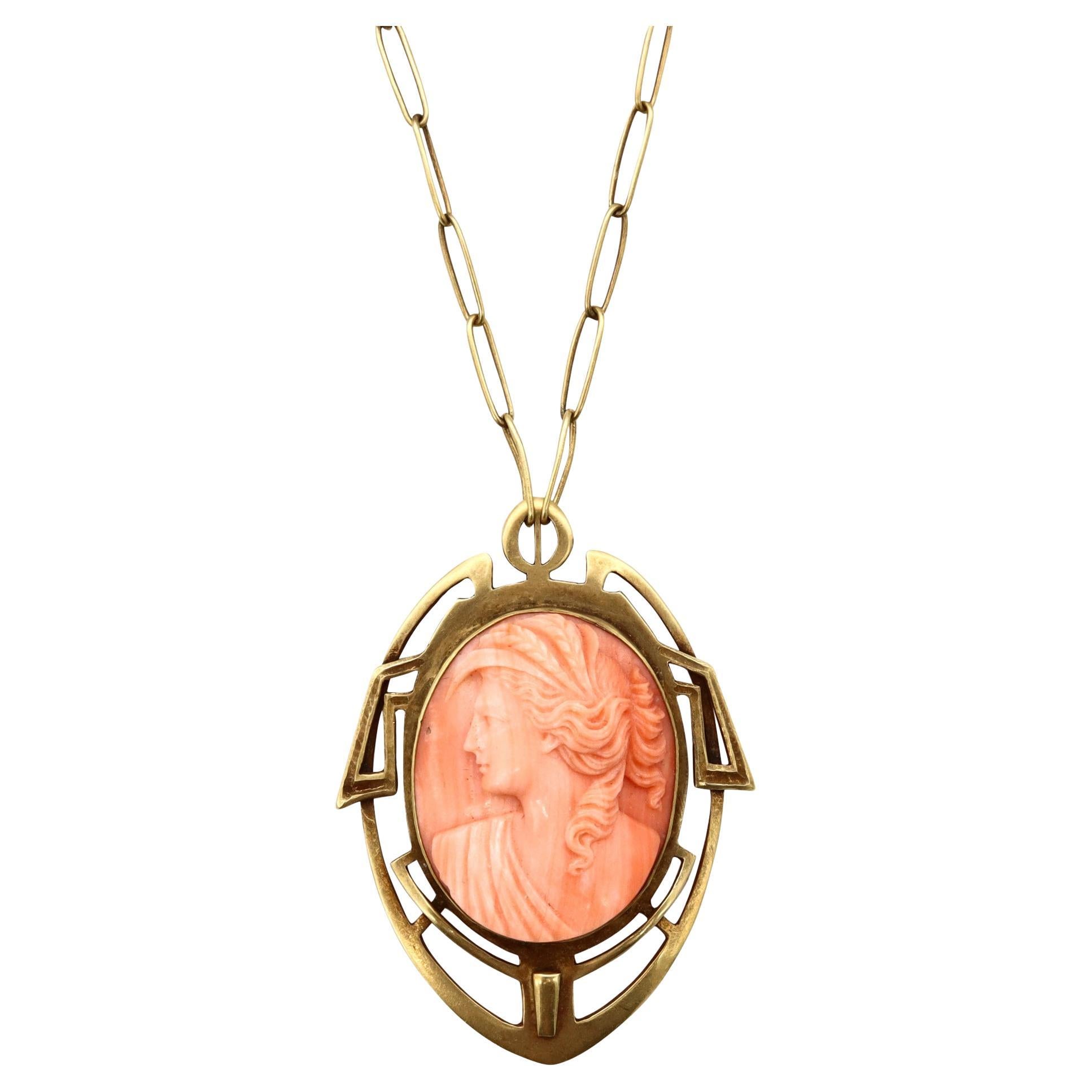 British 1890 Rare Liberty Art and Craft Geometric Necklace 18kt Gold Coral Cameo For Sale
