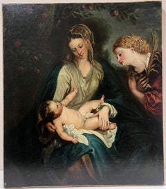 Fine 18th Century British Oil Painting Mother & Infant Child in Adoration