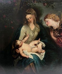 Feines britisches Ölgemälde aus dem 18. Jahrhundert Mutter & Kleinkind in Anbetung