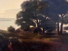 Huge 18th Century British Oil Painting Dusk Landscape Figures Boat & Lake