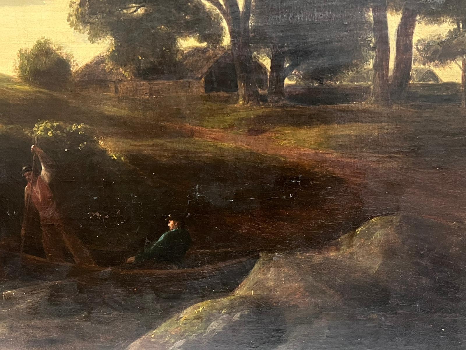 Huge 18th Century British Oil Painting Dusk Landscape Figures Boat & Lake For Sale 1