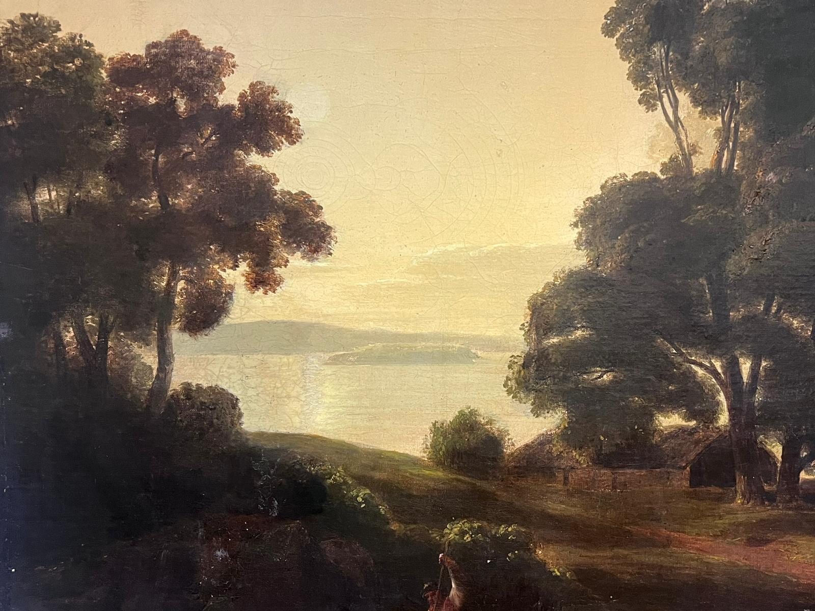 Huge 18th Century British Oil Painting Dusk Landscape Figures Boat & Lake For Sale 3
