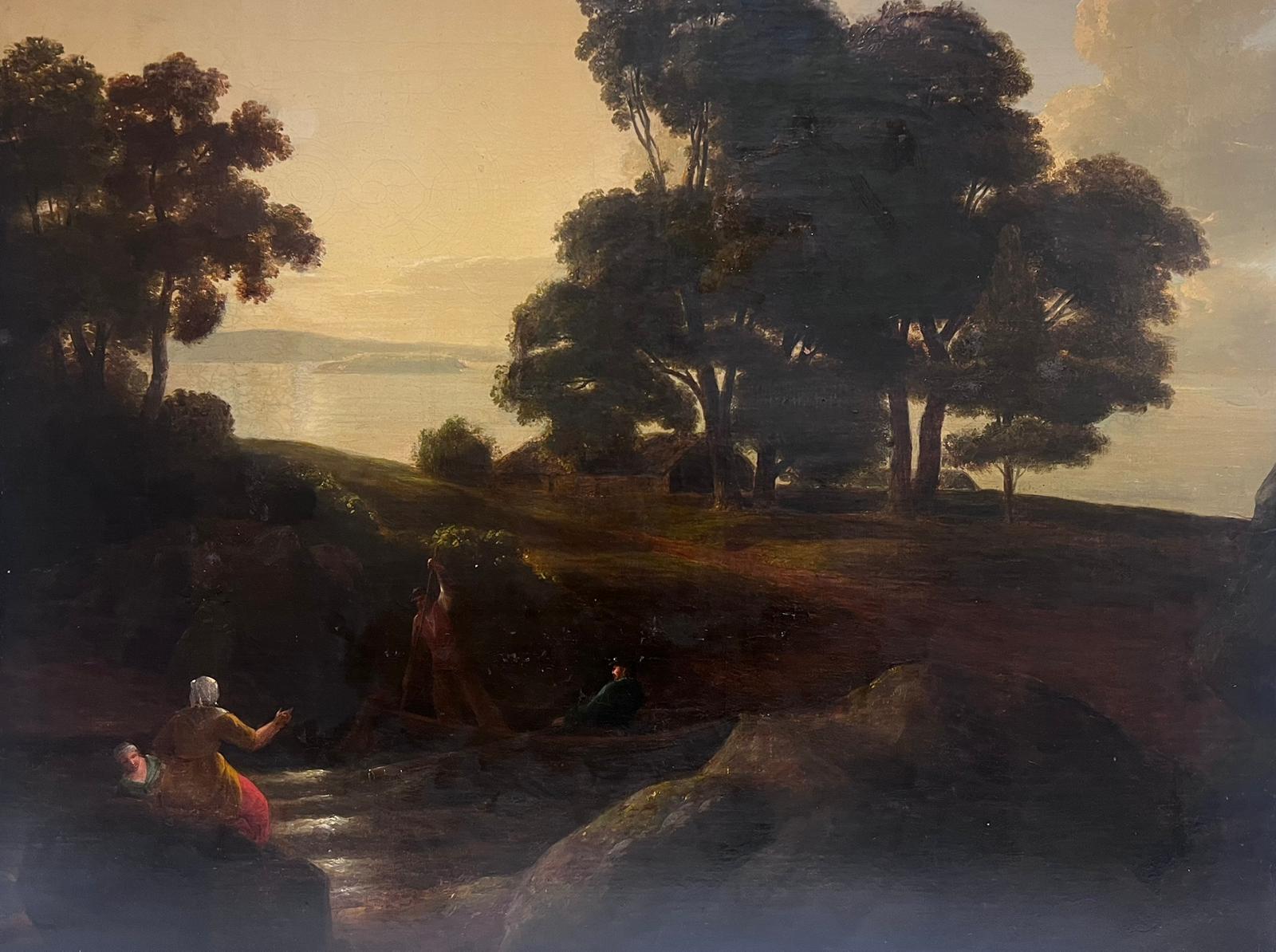 British 18th Landscape Painting – Großes britisches Ölgemälde des 18. Jahrhunderts Dusk Landscape Figuren Boot und See, Boot