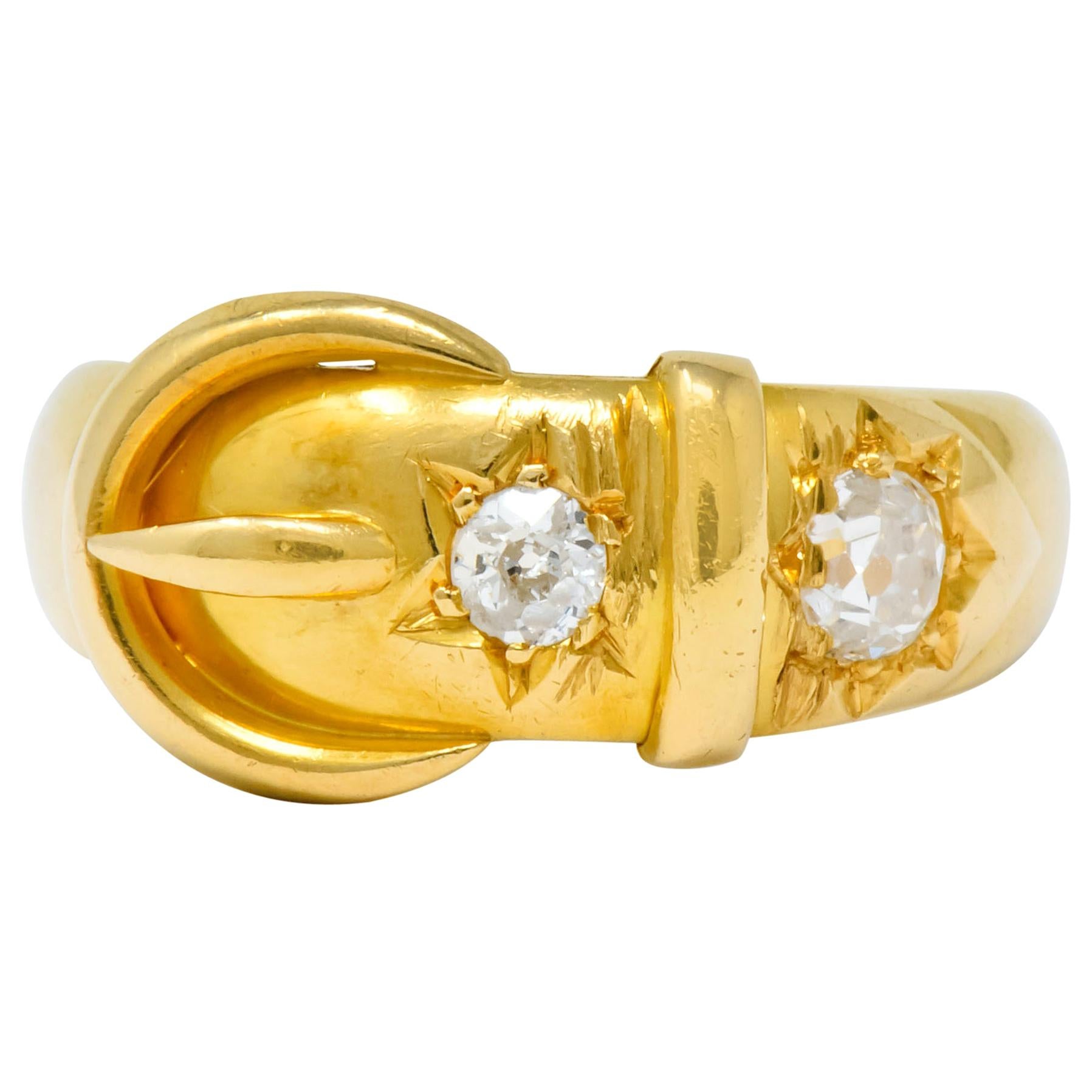 British 1910 Edwardian Diamond 18 Karat Gold Buckle Band Ring