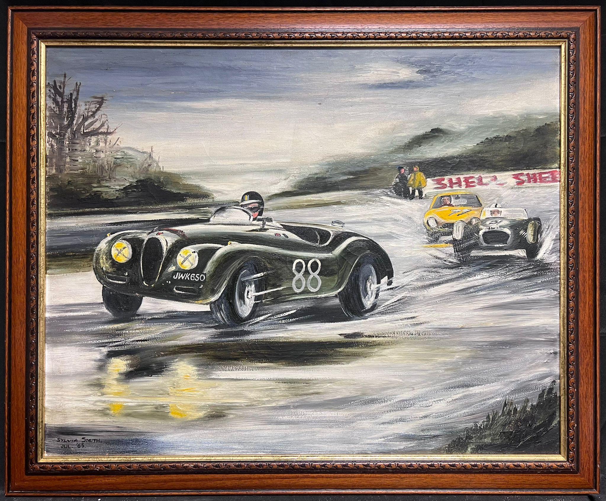 Classic Jaguar Motor Racing Action Scene Original 1960's Signed Oil Painting  - Gray Figurative Painting by British 1960's